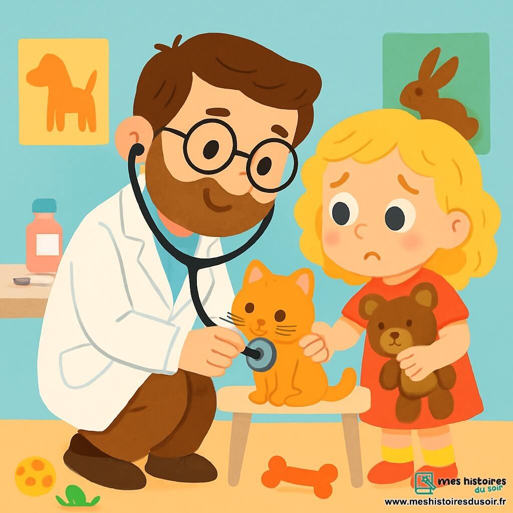 Un vétérinaire, le Docteur Paul, souriant et bienveillant, porte une blouse blanche et des lunettes rondes. Il est accroupi, tenant un petit chaton avec douceur. À côté de lui, une petite fille de 7 ans, Léa, aux cheveux blonds et bouclés, observe le chaton avec inquiétude et espoir, tenant son doudou. La scène se déroule dans une clinique vétérinaire lumineuse, avec des murs bleu pastel, des affiches d'animaux et des jouets éparpillés. Docteur Paul écoute le cœur du chaton avec un stéthoscope, tandis que Léa le caresse, illustrant le lien spécial entre les animaux et leurs soignants.