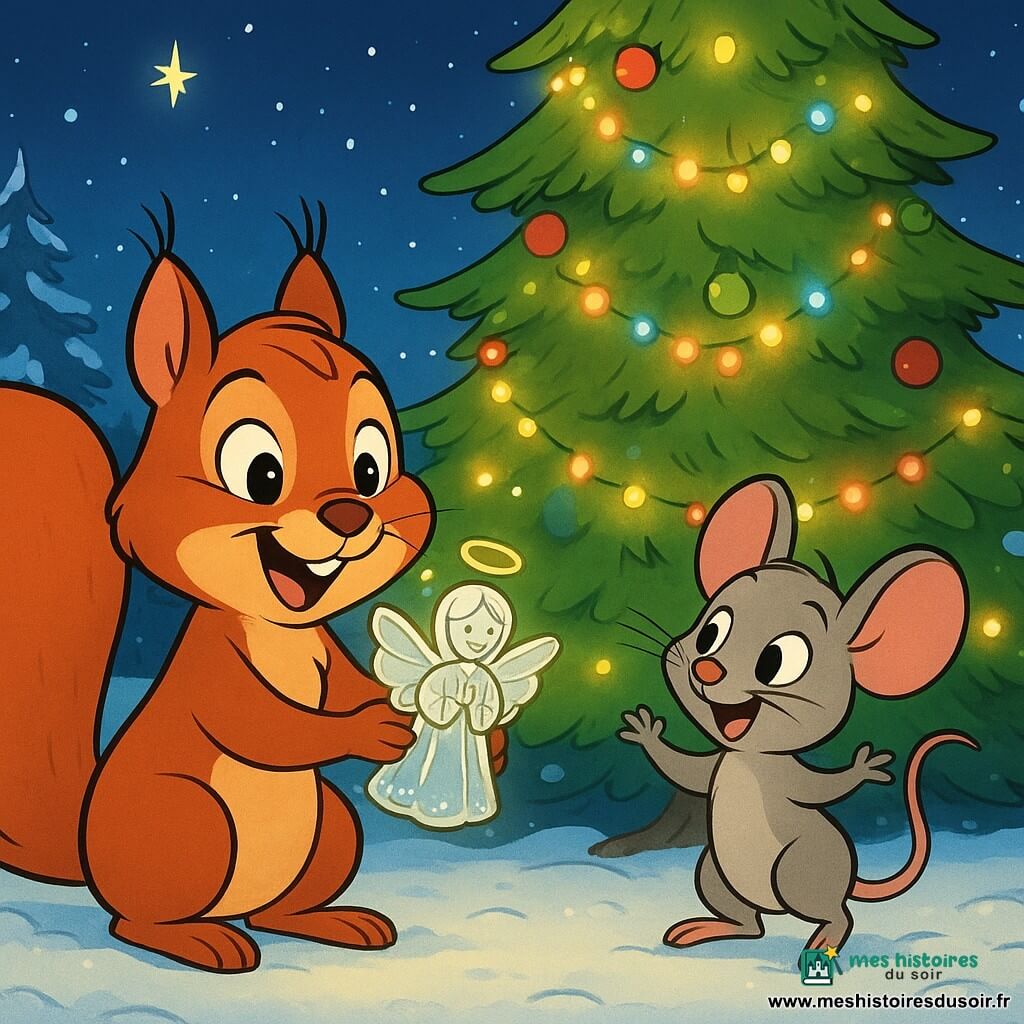 Émile, un petit écureuil à la fourrure rousse et aux yeux pétillants, tient délicatement un ange en verre réparé, brillant sous les guirlandes. À ses côtés, Lili, une souris grise aux yeux curieux et au sourire espiègle, admire l'ornement en sautillant. Ils sont devant un grand sapin de Noël décoré de guirlandes colorées et de lumières scintillantes. La scène se passe dans une clairière enneigée, où la neige fraîche recouvre le sol et les arbres, créant une atmosphère féerique. Le ciel étoilé ajoute une touche magique à cette soirée de Noël.