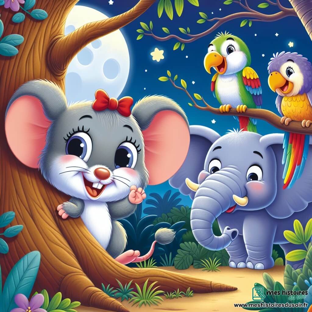 Une petite souris nommée Mimi, avec un pelage gris et des yeux pétillants, rit en sautillant derrière un arbre dans un zoo. Elle porte un nœud rouge sur la tête. À côté, un éléphant nommé Émile, immense et amusant, fait semblant d'être un garde. Un perroquet coloré nommé Paco, perché sur une branche, observe la scène. Le zoo est éclairé par la lune, avec des buissons verts et des enclos en arrière-plan. Mimi et ses amis jouent à cache-cache, riant ensemble sous les étoiles, créant une atmosphère joyeuse.
