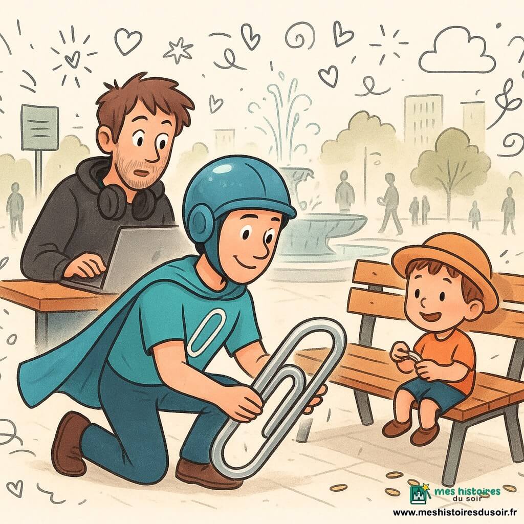 Pince-Man, sourire bienveillant et regard concentré, casque brillant, cape bleu-cyan et T-shirt à trombone, s'agenouille pour tendre un trombone géant chromé vers un banc en bois tandis que Milo, ~28 ans, cheveux en bataille, sweat noir et casque audio autour du cou, regarde soulagé l'écran d'un ordinateur portable comme s'il venait d'enregistrer le montage ; un garçon de 5 ans, chapeau rond, assis sur le banc joue et rit avec une petite clé tombée ; scène sur la place des Trois-Fontaines (dalles claires, fontaine centrale, passants stylisés, graines de tournesol au sol), ambiance comique et chaleureuse, mouvements calmes, étincelles de pixels autour du trombone, couleurs vives et contrastes chauds.