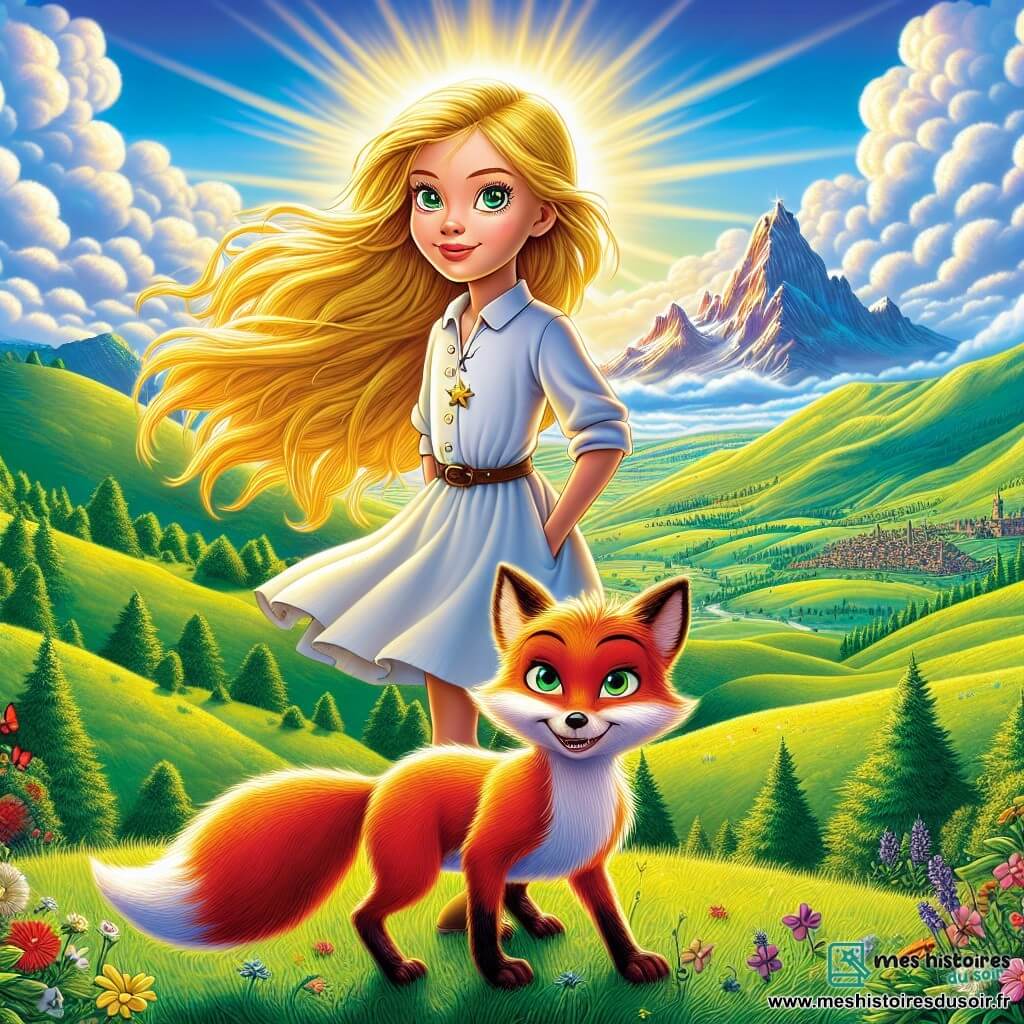 Éloïse, une fille de 11 ans, se tient au sommet d'une colline verdoyante, avec des yeux brillants et des cheveux dorés flottant au vent. Son visage exprime détermination et joie, prête à poursuivre son aventure. À ses côtés, Filou, un petit renard à la fourrure rousse, l'observe avec un sourire espiègle. Le décor est une vallée magnifique, entourée de collines et de fleurs colorées, sous un ciel bleu avec des nuages blancs. Au loin, la Montagne des Étoiles se dresse, ses cimes scintillant sous le soleil couchant. Éloïse et Filou, déterminés et unis, sont prêts à affronter les défis qui les attendent.