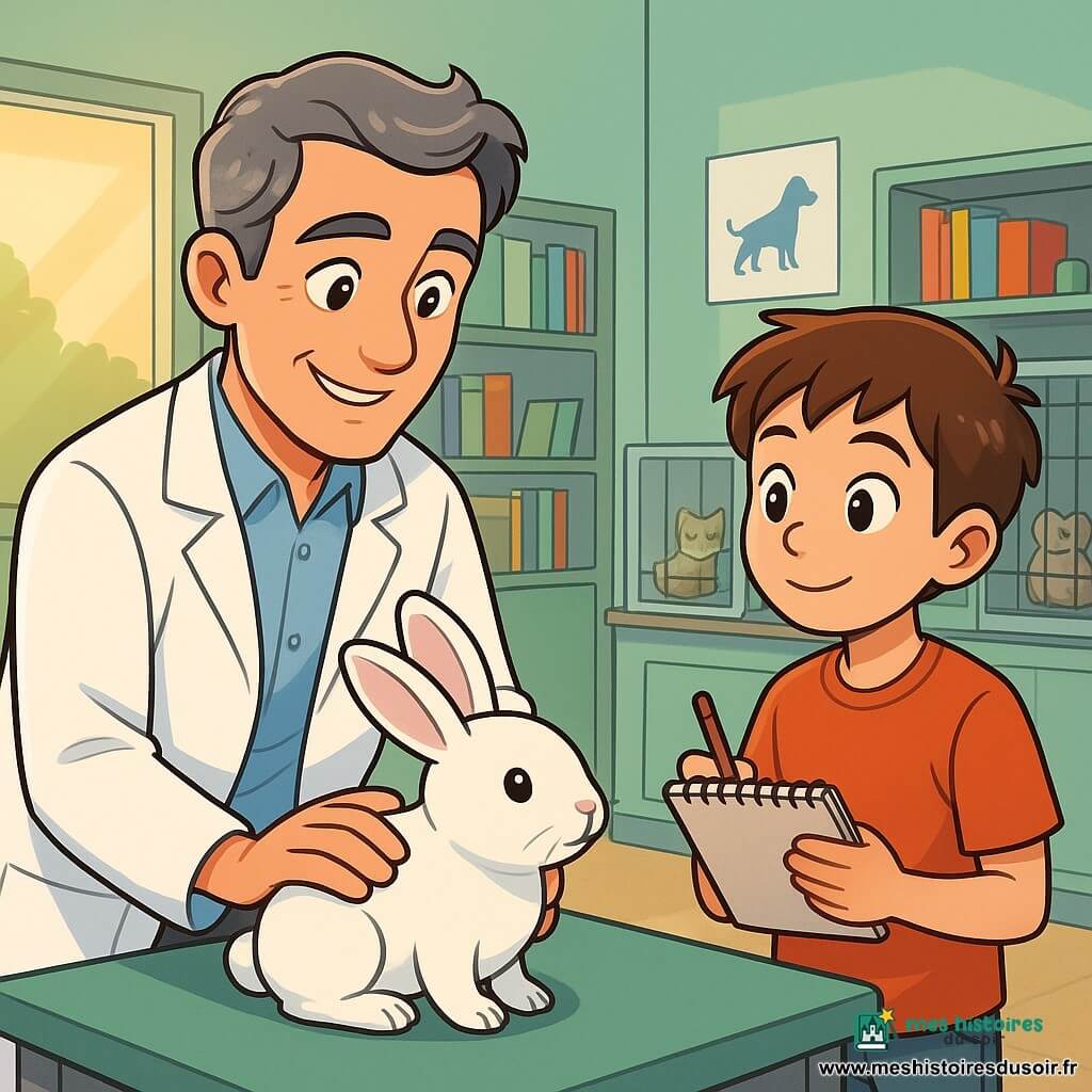 Un vétérinaire d’environ 40 ans, avec des cheveux poivre et sel et des yeux bienveillants, est agenouillé près d’un petit lapin blanc nommé Biscotte. Il porte une blouse blanche et sourit chaleureusement. À ses côtés, un garçon de 10 ans, aux cheveux châtains et aux yeux émerveillés, observe avec un carnet à la main. La clinique est lumineuse, avec des murs vert pastel, des étagères de livres sur les animaux et des cages transparentes. Le vétérinaire examine Biscotte avec soin, tandis que le garçon prend des notes, l'air curieux. L'atmosphère est calme et douce, empreinte d'attention pour les animaux.
