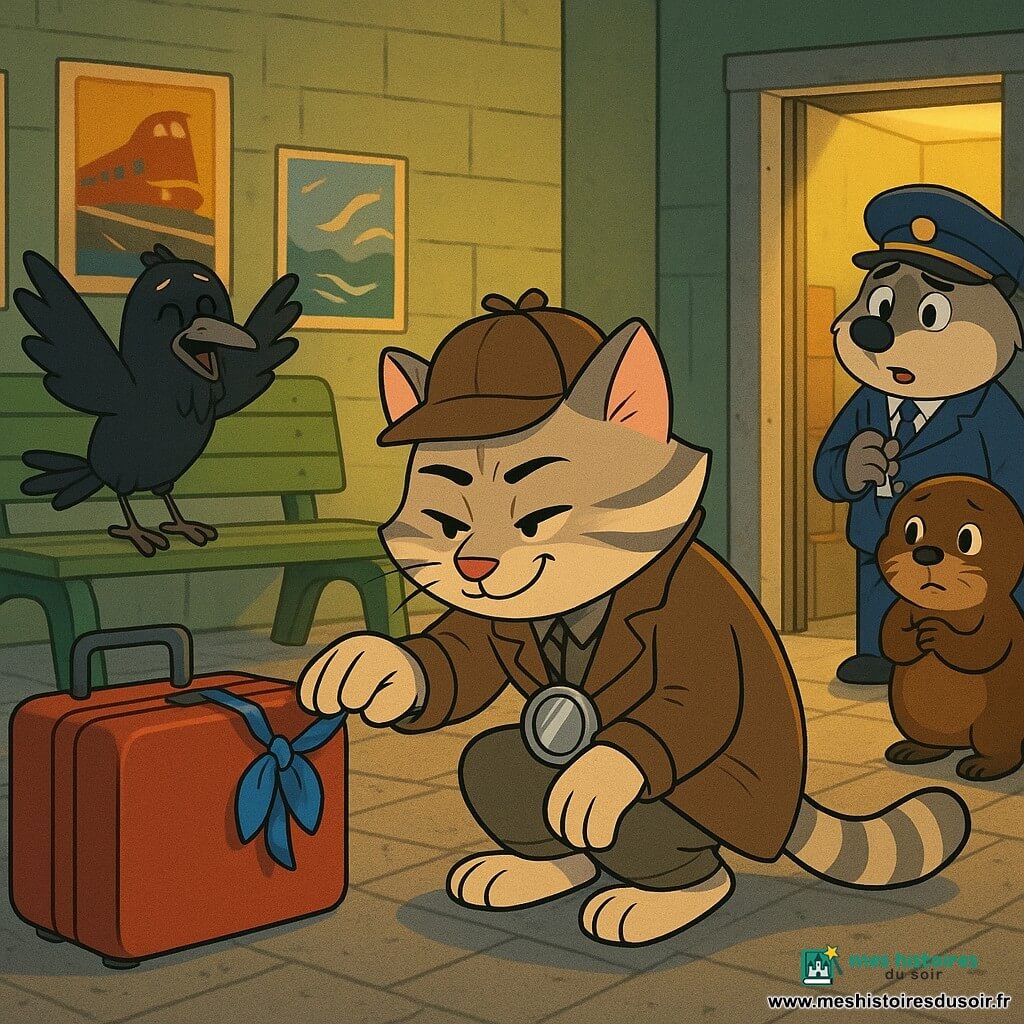 Pistache, chat détective anthropomorphe tigré crème et gris, accroupi, souriant mais concentré, loupe métal au collier, touche délicatement un ruban bleu à la poignée d'une valise rouge découverte dans un local derrière une porte d'ascenseur entrouverte sur un quai de gare rétro; Colette, corneille élégante avec une plume blanche, ailes mi-ouvertes, émue et soulagée sur un banc vert; Lila, petite loutre brune, contrite près d'un chariot à bagages vide; Basile, blaireau agent de quai casquette trop grande, un sifflet argenté à la patte, soulagé en retrait; ambiance mystérieuse et réconfortante, lumière douce mêlant jaune des lampadaires et halo froid de l'ascenseur, ombres longues, couleurs vives aux textures légèrement granuleuses, traits nets, contours noirs et expressions exagérées, composition centrée sur la valise et les personnages en demi-cercle.