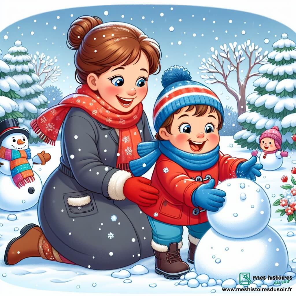 Léo, un petit garçon de 1 an aux joues roses et aux yeux pétillants, porte un manteau rouge et des gants bleus. Accroupi dans la neige, il rit en touchant la neige avec ses petites mains. Sa maman, une femme d'une trentaine d'années avec des cheveux bruns en chignon, sourit en lançant une boule de neige. Elle est vêtue d'un manteau bleu et d'une écharpe colorée. Le jardin est enneigé, avec des flocons tombant et des arbres couverts de neige, ainsi qu'un bonhomme de neige avec un chapeau noir. Léo et sa maman jouent joyeusement dans la neige, créant des boules et admirant leur bonhomme de neige.