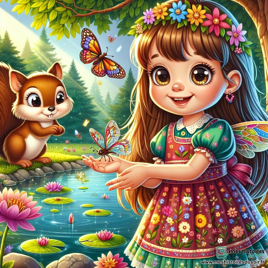 Une petite fille de 6 ans, Léa, se tient au bord d'un étang, souriante, avec de longs cheveux bruns et une robe colorée à fleurs. Elle tend la main vers une libellule délicate. À côté, un écureuil nommé Noisette grimpe sur une branche, observant la scène. Un papillon multicolore vole autour d'eux, ajoutant une touche de magie. Le jardin verdoyant est entouré d'arbres et de fleurs, avec un étang scintillant où flottent des nénuphars. Léa aide la libellule blessée à se reposer près de la rive, illustrant l'amitié et la bienveillance.
