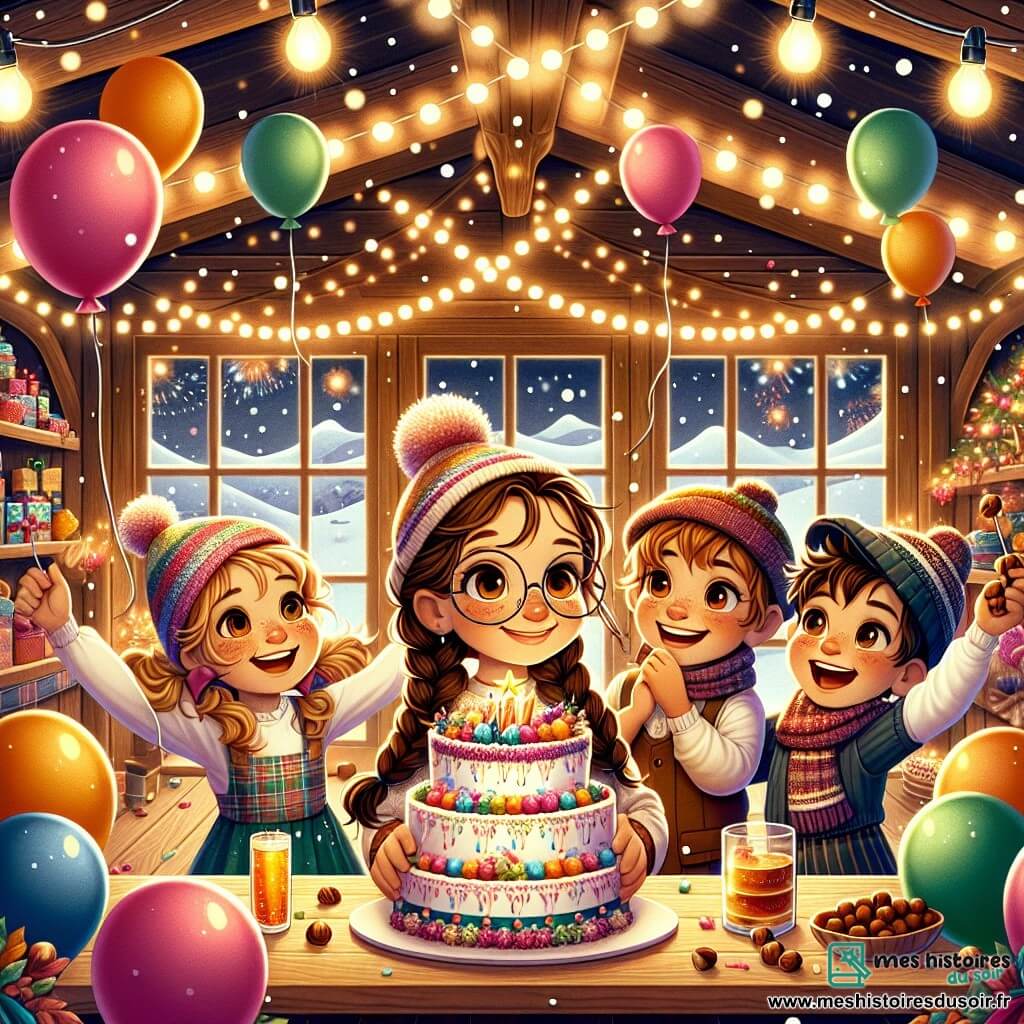 Quatre amis, deux filles et deux garçons, se trouvent dans une cabane en bois décorée pour le Nouvel An. Margot, 10 ans, avec des cheveux bruns et des lunettes, sourit en tenant un gâteau coloré. Chloé, 9 ans, aux cheveux blonds et bouclés, danse avec des ballons. Léa, 10 ans, avec des cheveux noirs tressés, admire les guirlandes scintillantes. Emma, 9 ans, avec des cheveux châtains et une casquette, jongle avec des noisettes en riant. La cabane est entourée de flocons de neige, avec des lumières créant une ambiance festive. Les amis célèbrent ensemble, échangeant rires et résolutions pour la nouvelle année, prêts pour une aventure inoubliable.