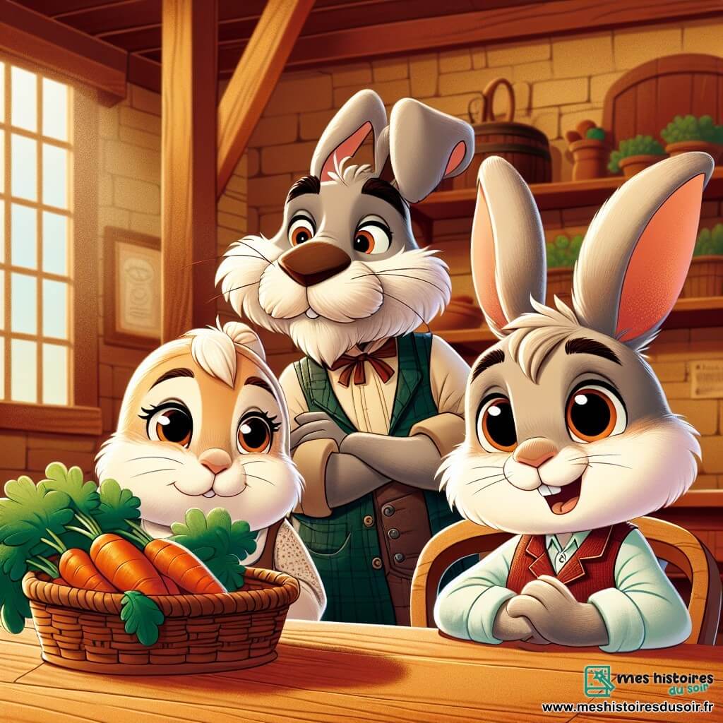 Léo, un jeune lapin aux grandes oreilles et à la fourrure douce, est assis à une table en bois, déterminé et souriant, prêt à résoudre un conflit familial. Il porte un gilet rouge qui reflète son caractère espiègle, et ses yeux brillent d'intelligence. À côté de lui, Madame Lapin, au pelage crème, regarde son fils avec fierté, tenant une carotte et prête à écouter. En face, Monsieur Lapin, un lapin brun avec une moustache amusante, semble surpris mais curieux, les bras croisés. La scène se déroule dans une cuisine chaleureuse, baignée de lumière dorée, avec des murs en bois et des étagères de légumes frais. Léo et ses parents discutent joyeusement autour de la table, cherchant ensemble des solutions pour éviter les disputes, soulignant l'importance de la communication familiale.