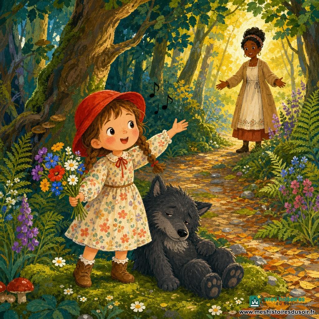 Une fillette de 4 ans aux joues roses et tresses, souriante et courageuse, porte un chapeau rouge, une robe à fleurs et tient un petit bouquet multicolore; un grand loup pelucheux gris foncé aux yeux lourds de sommeil est assis sur la mousse à ses pieds; la mère, femme adulte en tablier clair et manteau beige, l’observe depuis l’orée du bois, prête à l’accueillir; la forêt dense aux troncs noueux et feuilles vert émeraude laisse filtrer des éclats de lumière dorée sur un tapis de mousse parsemé de pâquerettes; un chemin étroit et sinueux couvert de feuilles et de pierres, bordé de fougères et de fleurs sauvages, mène la scène principale où la fillette chante doucement, main levée pour indiquer le chemin tandis que le loup s’assoupit; style gouache, couleurs chaudes et saturées, coups de pinceau visibles, textures de papier et contraste doux entre l’orée lumineuse et l’ombre bleutée.