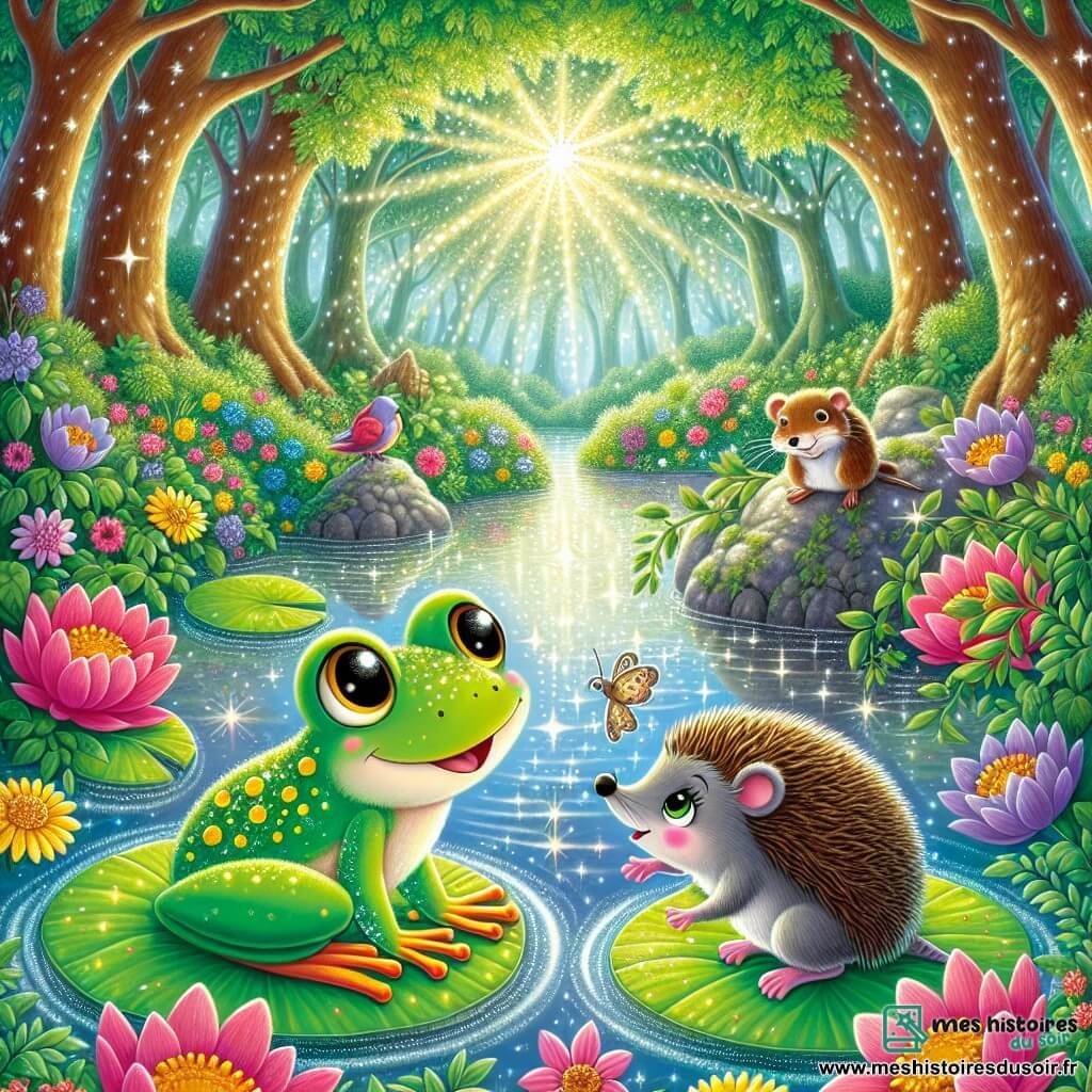 Une grenouille nommée Lila, d’un vert éclatant avec des taches dorées, se tient sur un nénuphar, prête à partir à l'aventure. À ses côtés, un hérisson timide nommé Max, inquiet, observe la forêt depuis une pierre, tandis qu'une souris espiègle nommée Trixie, vive et espiègle, fait des gestes pour encourager Max. Le décor est un étang scintillant, entouré de fleurs colorées et de grands arbres, où la lumière du soleil crée des reflets dans l'eau. Lila, Max et Trixie se préparent à quitter l'étang pour explorer la forêt enchantée, remplis d'enthousiasme et d'appréhension, prêts à découvrir la magie au-delà des rives.