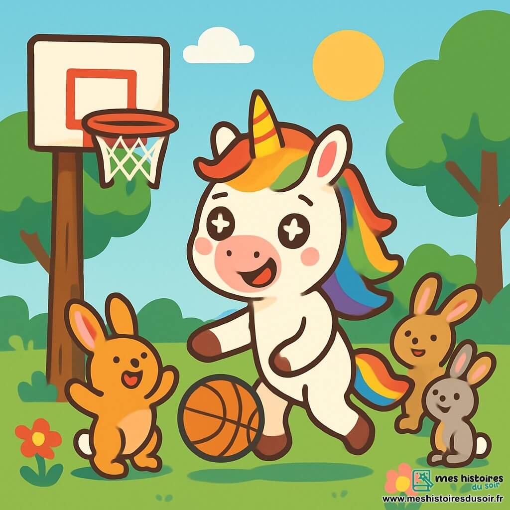 Une petite licorne nommée Lila, avec une crinière arc-en-ciel et des yeux pétillants, dribble un ballon de basketball avec ses sabots, souriante et excitée. À côté, un groupe de lapins de différentes couleurs saute de joie, l'un applaudissant Lila tandis qu'un autre l'admire. La scène se déroule dans une clairière ensoleillée, entourée d'arbres et de fleurs, avec un anneau de basketball suspendu. Lila, déterminée, tente de marquer un panier sous les encouragements des lapins.