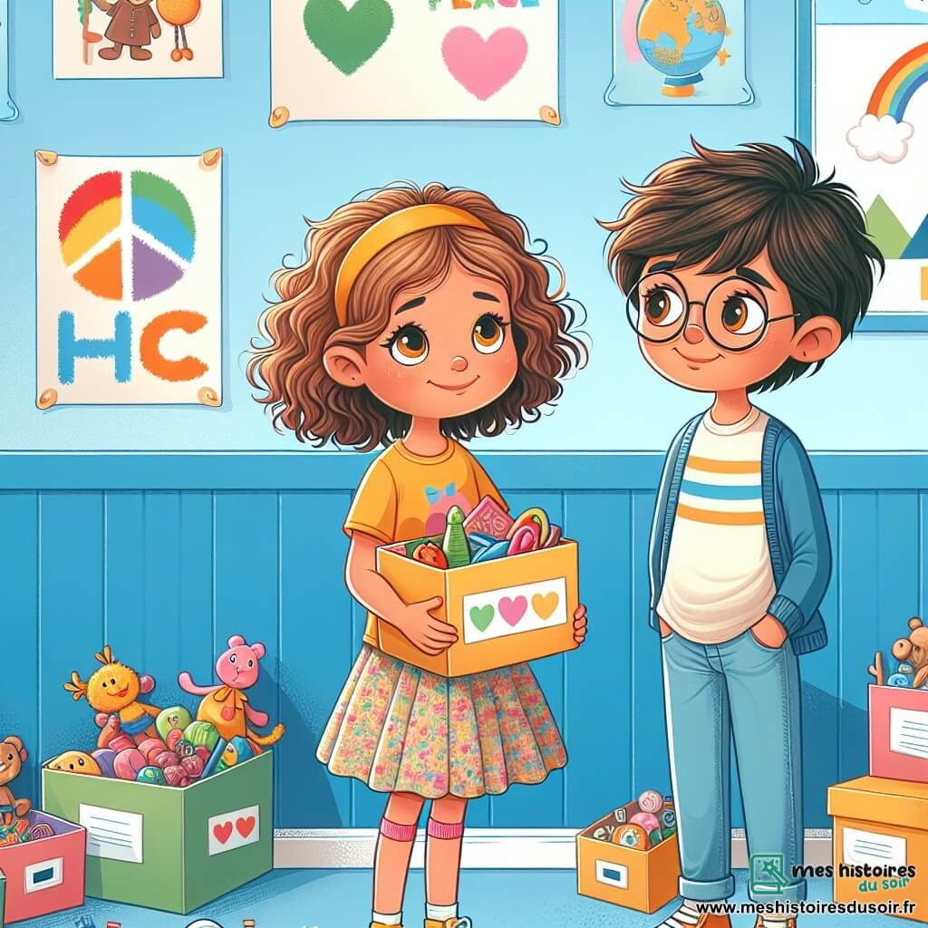 Lucie, une petite fille de 10 ans aux cheveux châtains bouclés et aux yeux pétillants, se tient au centre de l'image avec un sourire chaleureux. Elle porte un t-shirt jaune vif et une jupe à fleurs, tenant un carton rempli de jouets colorés, rayonnante de joie. À côté d'elle, Maxime, un garçon de 10 ans aux cheveux bruns et lunettes rondes, l'observe avec admiration, portant un pull bleu et un jean, un livre à la main. La scène se déroule dans une salle de classe lumineuse aux murs bleu clair, décorée de dessins d'enfants et de posters sur la paix, avec des cartons de collecte remplis de jouets, livres et vêtements, créant une ambiance de camaraderie. Lucie encourage Maxime à participer à la collecte solidaire, illustrant l'importance de l'entraide entre amis.