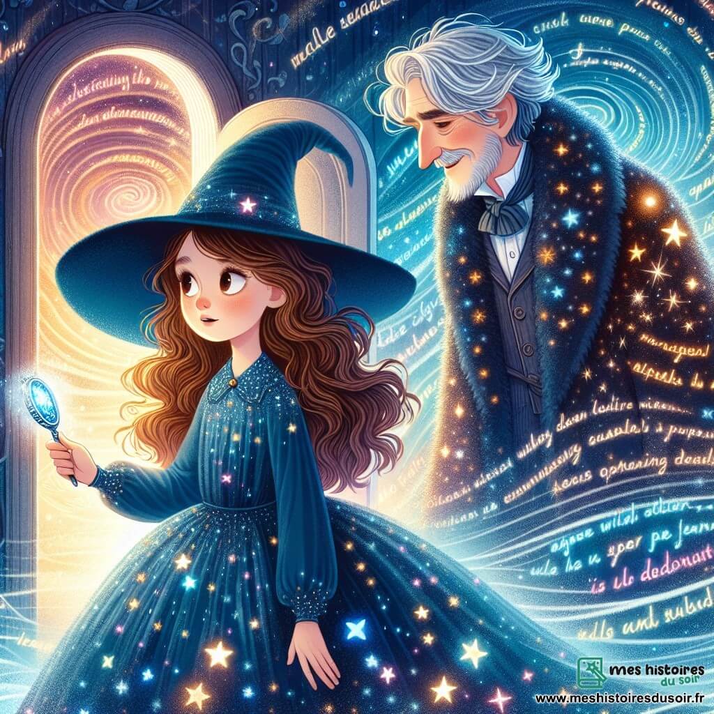 Au centre de l'image, Léna, une jeune fille de douze ans et apprentie sorcière, se tient avec un regard émerveillé. Elle a de longs cheveux châtains et porte une robe de sorcière bleu nuit ornée d'étoiles. Dans sa main, elle tient un petit miroir argenté qui brille. À ses côtés, un voyageur aux cheveux argentés, âgé d'environ quarante ans, vêtu d'un manteau étoilé, l'encourage avec bienveillance. Le décor est une chambre fantastique avec des murs de brume lumineuse et des mots flottants. Une porte de brume s'ouvre sur un escalier en spirale, menant vers l'inconnu. Léna, pleine d'espoir, s'apprête à franchir la porte pour découvrir les secrets de la magie qui l'entoure, dans une atmosphère chargée de mystère et d'aventure.