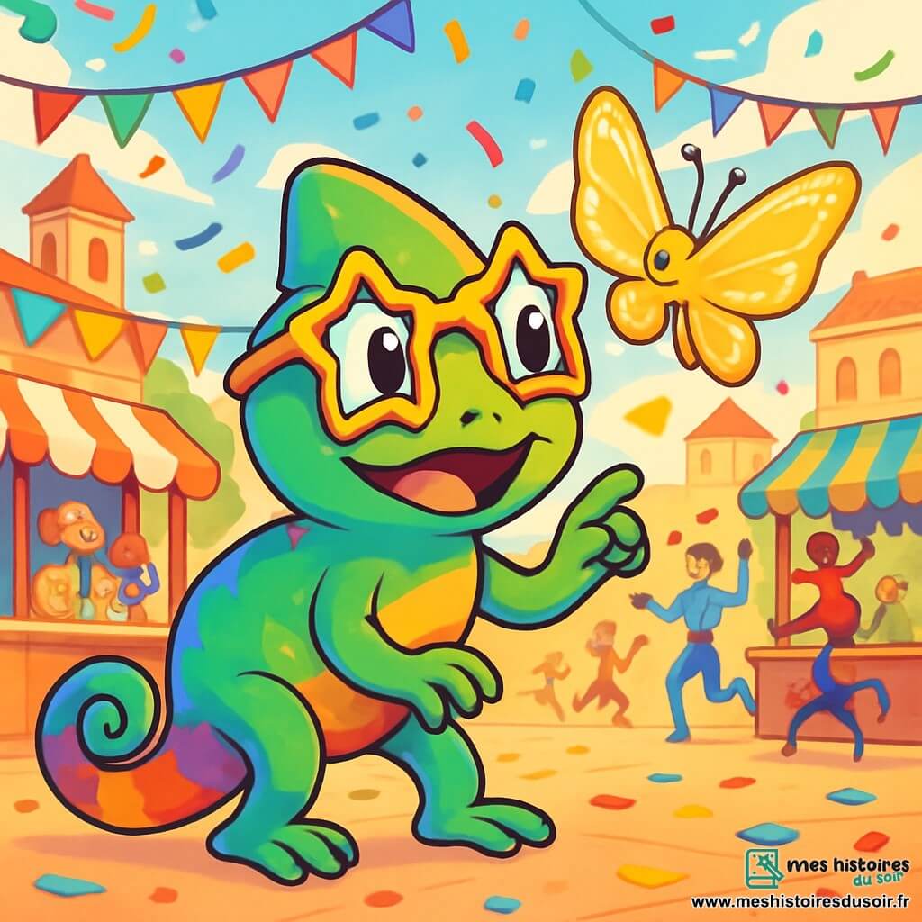 Un petit caméléon nommé Pistache, avec une peau aux couleurs de l'arc-en-ciel, exprime excitation et curiosité. Il porte des lunettes en forme d'étoile et se tient sur la pointe des pattes, observant la foule d'un carnaval. À ses côtés, un papillon doré aux ailes scintillantes vole gracieusement, flottant juste au-dessus de son nez. Le décor est une place centrale ornée de guirlandes multicolores et de confettis, avec des stands de bonbons vifs et des jongleurs en arrière-plan, créant une ambiance festive. Pistache cherche la clé du char enchanté, déterminé, tandis que le papillon lui indique la direction, ajoutant une touche de magie à sa quête.