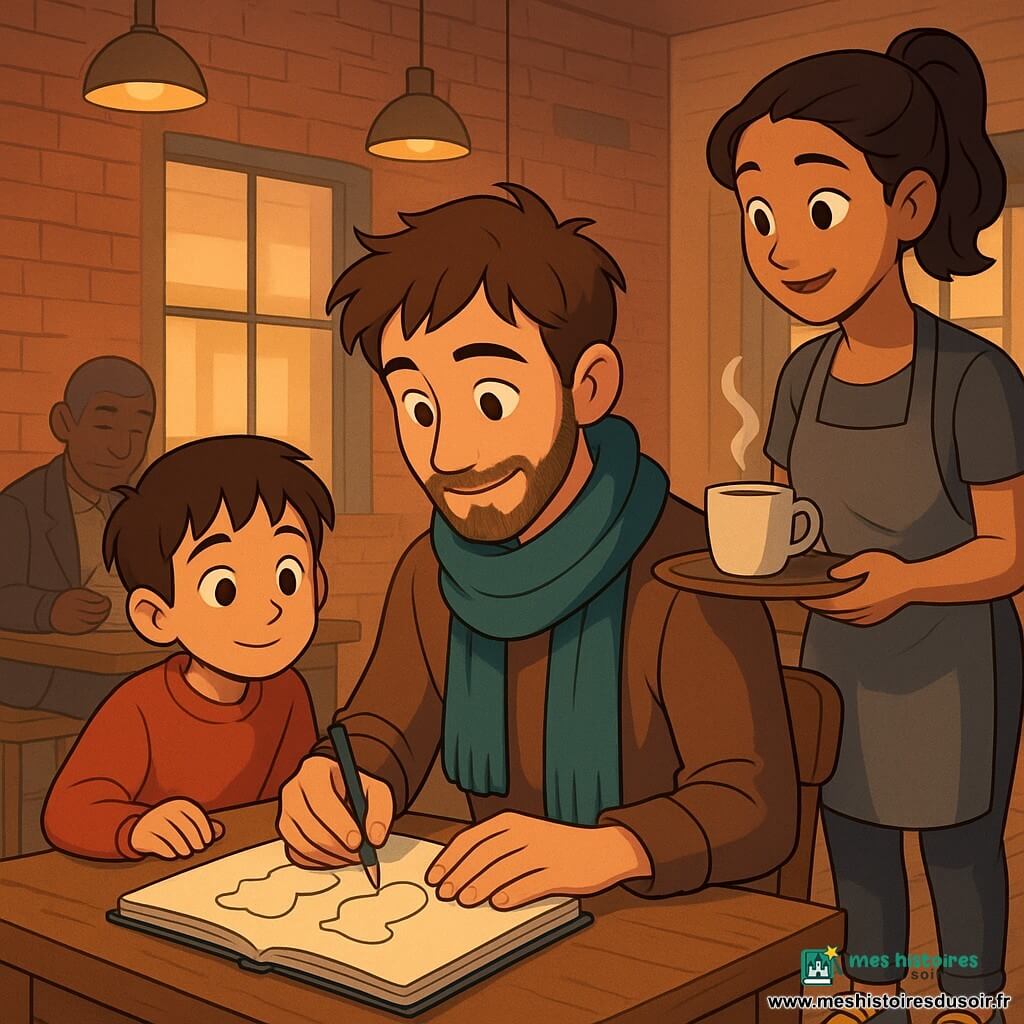 Un artiste d'une trentaine d'années, barbe courte, écharpe bleu-vert et cheveux en bataille, sourit doucement en dessinant des silhouettes au crayon dans un carnet posé sur une petite table en bois près d'un mur; à droite, une serveuse d'environ 25 ans, queue de cheval, tablier gris et baskets, tient un plateau en souriant, à gauche un garçon de 8 ans en pull rouge regarde le carnet avec admiration, et en arrière-plan un homme d'environ 60 ans, veste sombre et dos voûté, lit un journal; le tout se déroule dans un petit café chaleureux aux murs de briques, lampes à lumière jaune, grandes fenêtres laissant filtrer la rue, tasses fumantes et sol en bois — atmosphère intime centrée sur le carnet et les regards, textures et couleurs chaudes.
