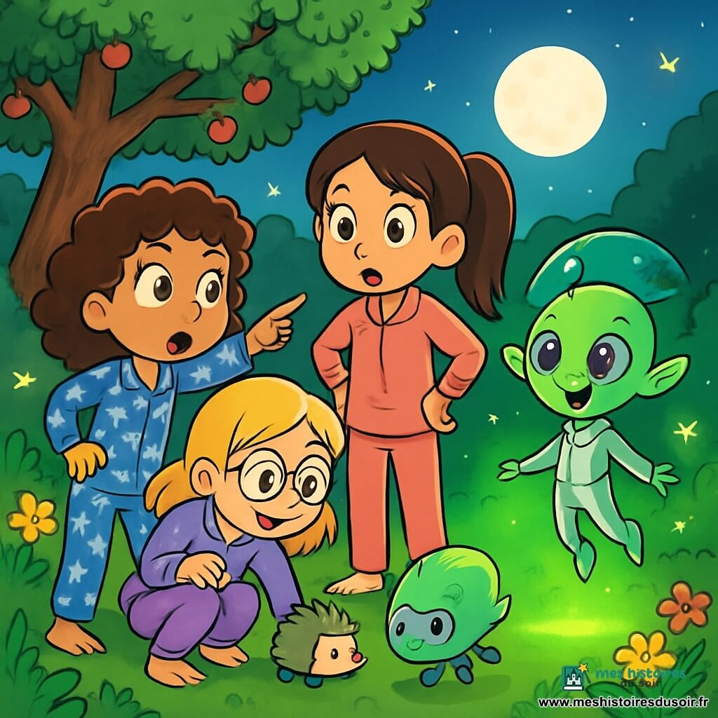 Quatre personnages se trouvent dans un jardin verdoyant illuminé par la lune : Zoé, une fille de 10 ans aux cheveux châtains bouclés en pyjama bleu, pointe une lumière verte ; Myriam, également de 10 ans, avec des cheveux longs en queue de cheval et un pyjama rose, exprime son étonnement ; Lila, avec des cheveux blonds et des lunettes rondes, examine un petit robot hérisson en pyjama violet ; et Zirgul, une extraterrestre petite avec une peau verte et une combinaison argentée, flotte devant une navette ronde qui brille. Ils découvrent ensemble la navette, fascinés, tandis que le robot Piko fait des pirouettes autour d'eux.