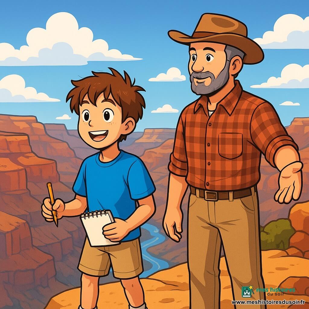 Lucas, un garçon de 12 ans aux cheveux châtains et aux yeux curieux, se tient au bord d'une falaise du Grand Canyon, émerveillé, avec un grand sourire. Il porte un t-shirt bleu, un short beige et des baskets usées, tenant un carnet et un crayon, prêt à dessiner. À ses côtés, Sam, un homme d'environ 40 ans avec un chapeau de cowboy et une barbe poivre et sel, observe le paysage avec sagesse, vêtu d'une chemise à carreaux et de pantalons en toile. Le Grand Canyon s'étend derrière eux, avec des falaises rougeoyantes sous un ciel bleu parsemé de nuages. Le fleuve Colorado scintille en bas. Lucas, fasciné, admire le paysage tandis que Sam lui parle des merveilles de la nature. L'atmosphère est remplie d'excitation et de découverte.