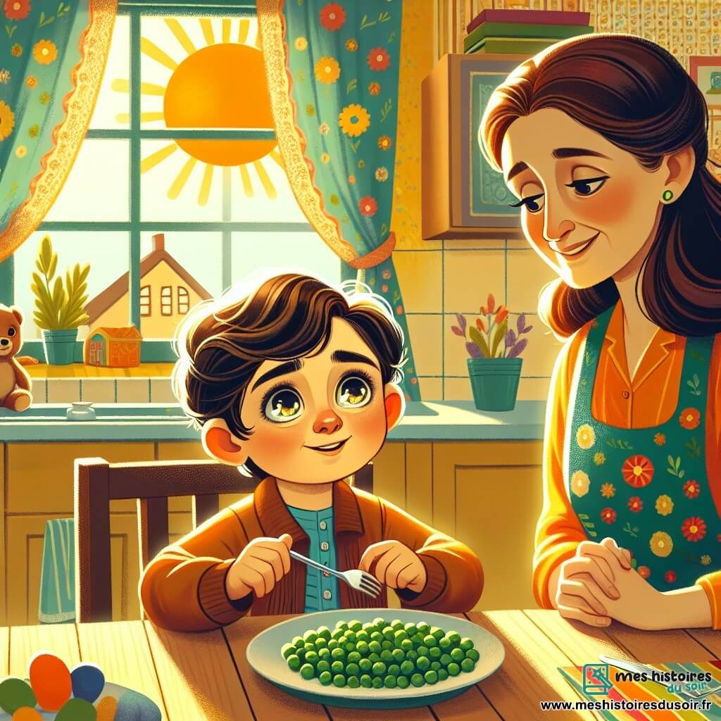 Un petit garçon de 4 ans, Max, avec des cheveux bruns en bataille et des yeux curieux, est assis à une table en bois, tenant une fourchette et regardant sa maman avec un sourire timide. Sa maman, d'environ 30 ans, a de longs cheveux châtains et porte un tablier coloré, souriante à ses côtés avec une assiette de petits pois. La scène se déroule dans une cuisine chaleureuse aux murs jaunes, avec des rideaux à fleurs et des jouets au sol. Un grand soleil éclaire la pièce. Max, prêt à avouer qu'il n'a pas mangé ses légumes, regarde sa maman avec sincérité, tandis qu'elle l'encourage à être honnête, créant un moment tendre où vérité et amour se rencontrent.
