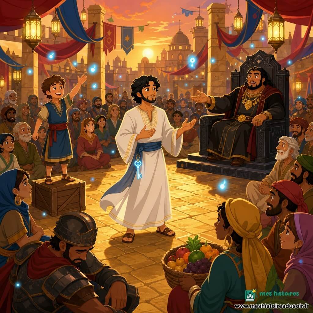 Ilyas au visage doux et serein, en robe blanche avec une clé bleue brillante en poche, se tient au centre de la grande place d'Azmar et parle calmement pour la paix tandis que le garçon Sami (≈9 ans) sourit en se tenant sur une caisse à droite et que Kadir, assis sur un trône de pierre noir à l'arrière, passe du mépris à la surprise en tendant la main pour céder ; la foule — hommes, femmes et quelques soldats — assise en cercle exulte, la place aux pavés dorés est décorée de tentures rouges et bleues, lanternes et banderoles au coucher du soleil, avec de petites lumières bleues flottantes évoquant des esprits.