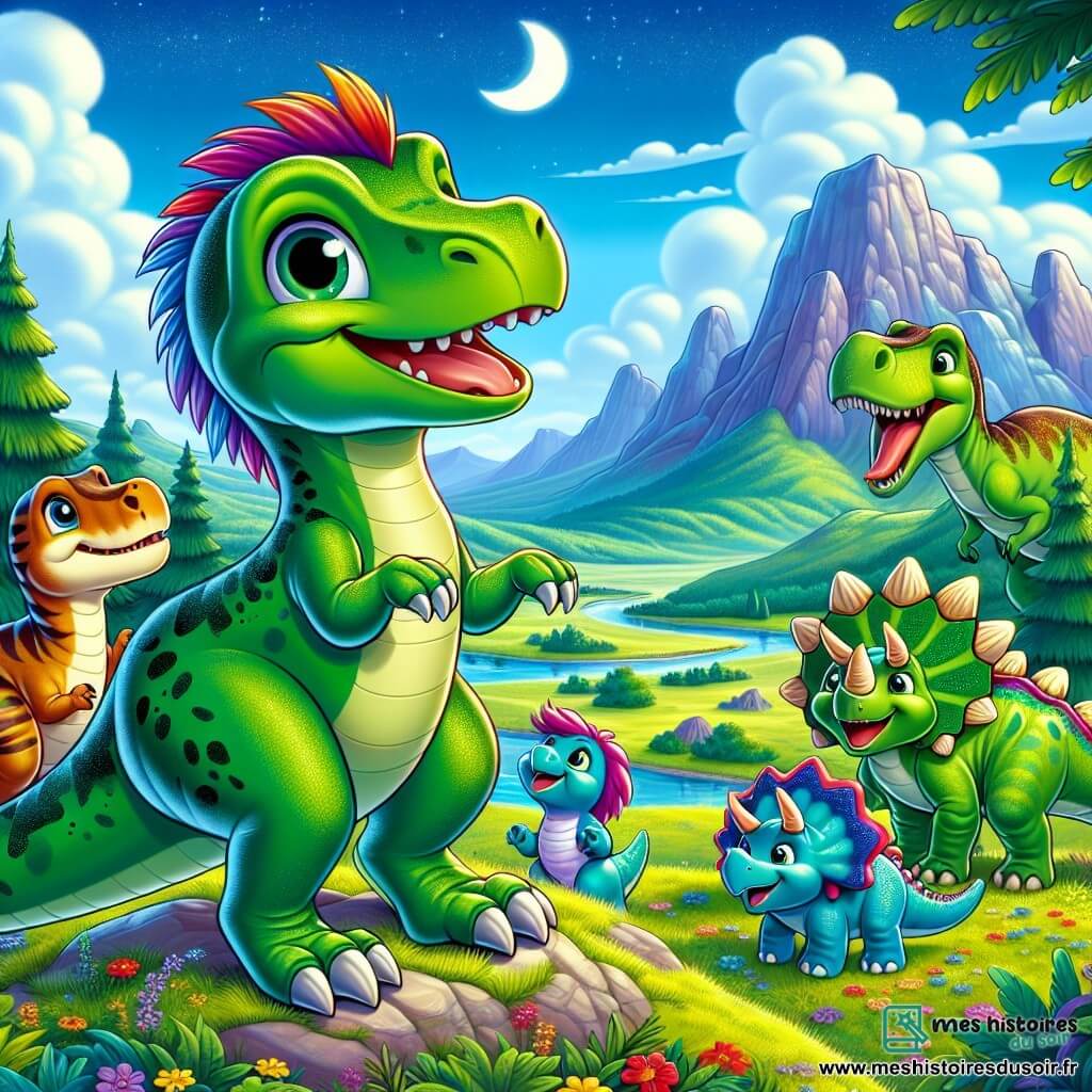 Un vélociraptor aux plumes vertes nommé Raptor se tient au sommet d'une montagne, souriant et prêt à explorer. À ses côtés, Trixie, un tricératops aux trois cornes colorées, et Dino, un stégosaure, admirent la vue. En arrière-plan, Bruno, un brontosaure au long cou, se tient majestueusement, prêt à les aider. Le paysage est une vallée verdoyante avec des fleurs colorées, des rivières scintillantes, des arbres géants et des nuages dans le ciel bleu. Raptor et ses amis, réunis au sommet de la montagne, sont prêts à partir à l'aventure pour protéger leur vallée.