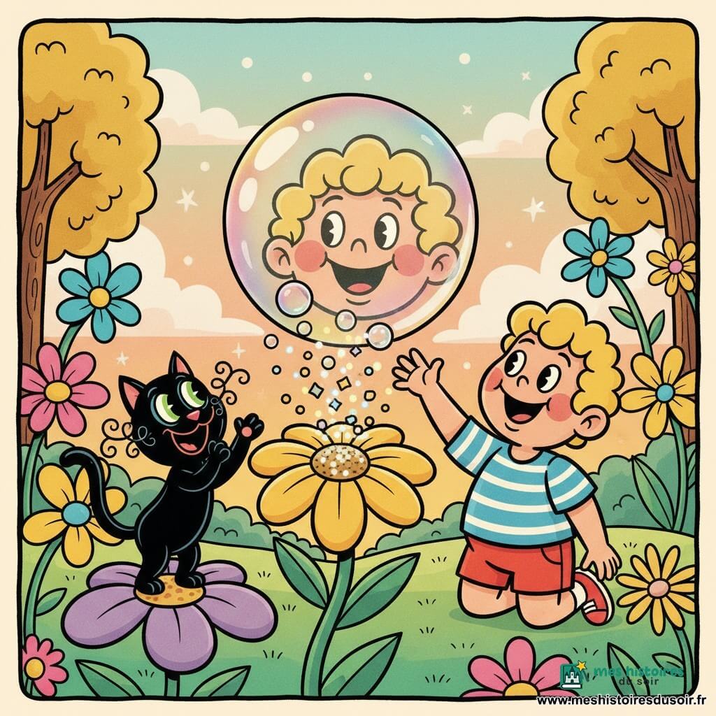 Un petit garçon de 2 ans, joyeux et émerveillé, à genoux dans l'herbe, cheveux blonds bouclés, chemise rayée bleu et blanc et culotte courte rouge, tend la main vers une grosse bulle brillante; à gauche, le chat Pipo au pelage noir lustré, yeux verts ronds, moustaches exagérées et grand sourire, se tient sur une fleur géante avec une patte levée comme pour applaudir; jardin fantasque aux herbes ondulées et fleurs oversize multicolores, au centre une grande fleur magique jaune soufflant des bulles translucides et des confettis scintillants, arrière-plan d'arbres arrondis et ciel pastel au coucher du soleil; une bulle énorme au premier plan reflète le visage du garçon; ambiance chaleureuse et lumineuse, contrastes doux, traits épais et textures encrées vintage, palette chaude et gaie (jaune, rose, turquoise), composition simple en gros plan, style enfantin aux lignes courbes et mouvements exagérés.