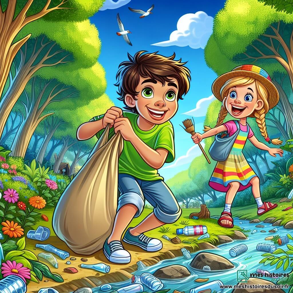 Lucas, un garçon de 12 ans aux cheveux bruns en bataille et aux yeux curieux, est accroupi près d'un ruisseau avec un sourire déterminé. Il porte un t-shirt vert et un short en jean, tenant un sac en toile rempli de déchets. À ses côtés, Clara, une fille de 12 ans avec des cheveux blonds tressés et un chapeau de paille, sourit en ramassant un morceau de plastique. Elle est vêtue d'une robe colorée et de sandales, partageant l'enthousiasme de Lucas. La scène se déroule dans une réserve naturelle, avec de grands arbres et des fleurs colorées. Ils nettoient la nature, remplissant leurs sacs de déchets tout en appréciant la beauté de leur environnement, dans une atmosphère joyeuse et engagée pour la protection de la planète.