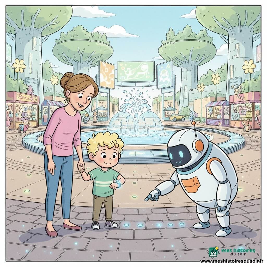Un garçon de 4 ans aux cheveux bouclés regarde son bracelet lumineux bleu en tenant la main de sa mère (environ 30 ans, chignon, sourire doux) ; un robot d'accueil arrondi blanc à accents orange et bleu, quelques pas devant eux, pointe une rangée de petites lumières au sol. La scène, sur la Place des Inventeurs, montre une grande esplanade pavée avec fontaine musicale, écrans translucides, stands colorés, tours en verre végétalisées et lampadaires en forme de fleurs ; des pastilles lumineuses bleues sont incrustées au sol, de petites lampes vertes indiquent que tout va bien et une lueur orange clignote au loin. Composition claire et chaleureuse, traits doux, couleurs pastel vives, expressions lisibles et silhouettes simples, atmosphère sécurisante et curieuse.