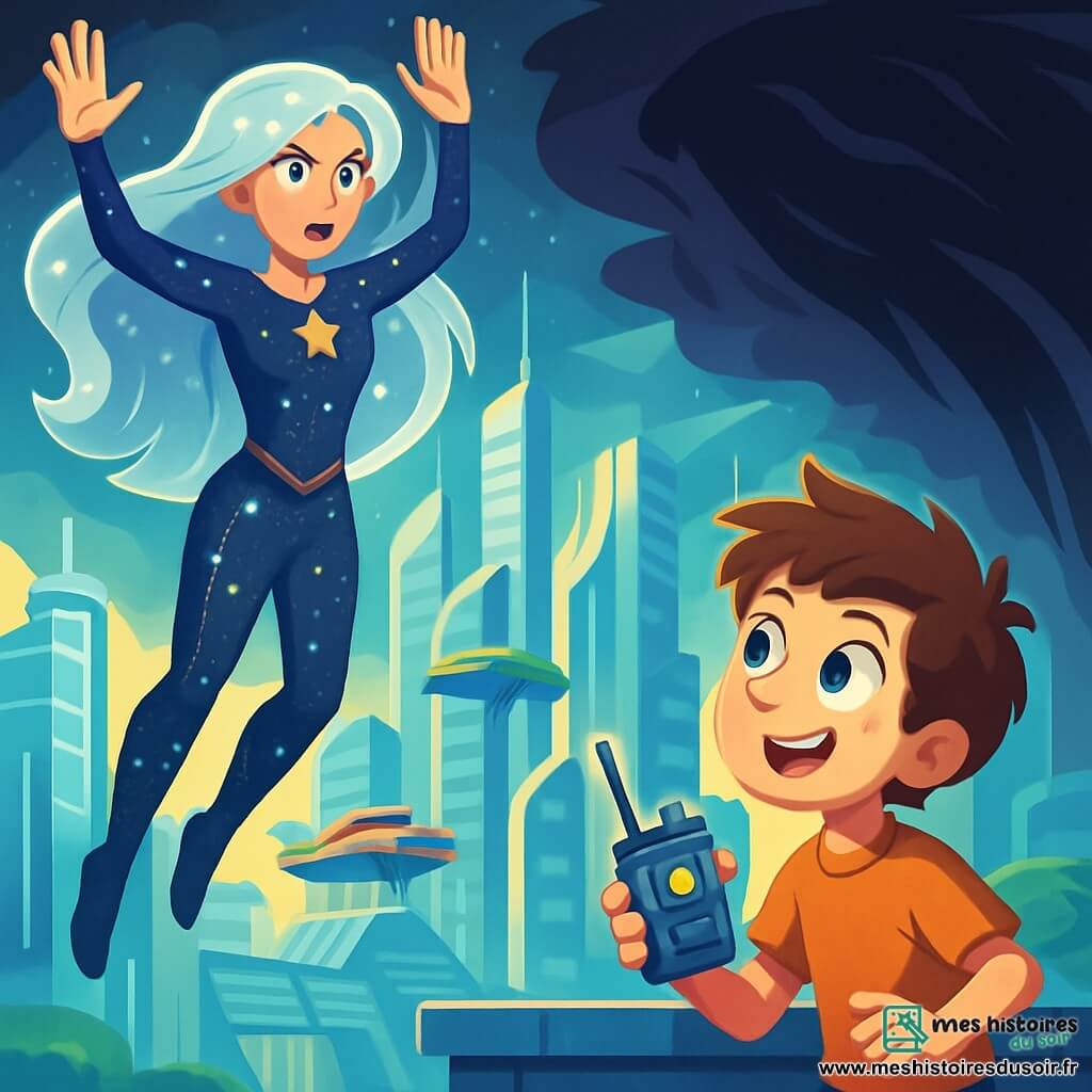 Nova Stella, une femme grande et athlétique, flotte dans les airs avec une expression déterminée. Sa chevelure argentée brille et son costume bleu nuit, orné de constellations, scintille sous la lumière. Elle lève les bras pour dissiper un dôme d’ombre menaçant qui enveloppe le quartier des inventions. À ses côtés, Max, un garçon de 10 ans aux cheveux bruns en bataille, l'observe avec admiration, prêt à l’aider avec son petit appareil inventé. Le quartier futuriste de Luminopolis, avec ses gratte-ciels brillants et ses véhicules volants, est assombri par une ombre inquiétante. Nova se prépare à libérer la lumière pour protéger les habitants, tandis que Max se tient prêt à l'assister dans cette aventure héroïque.