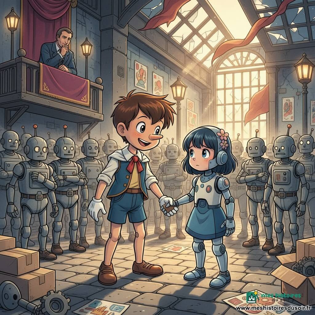 Pinocchio (garçon, bien identifié comme Pinocchio) sourit avec détermination, nez court, peau de bois vernie, cheveux bruns hirsutes, yeux grands et brillants, tendant la main gauche vers Robotina (fille robot en métal ivoire aux touches d'azur) au visage ému, yeux LED doux, joints visibles et petites fleurs peintes sur l'épaule, qui lui serre la main à sa droite; derrière eux, une petite foule de robots ouvriers aux silhouettes métalliques variées, posture fatiguée mais attentive, mains croisées ou tenant des outils, regarde la scène; à gauche en arrière-plan le Roi Démocrate (environ 50 ans, costume solennel, expression pensive) observe depuis un balcon drapé de tapis pourpre; lieu : grande place industrielle transformée en agora avec pavés usés, vieux lampadaires en fer forgé, verrières brisées laissant filtrer des rayons de soleil doré, banderoles colorées au vent, et au sol boîtes, engrenages et affiches aux slogans manuscrits; situation principale : Pinocchio et Robotina annoncent la liberté des robots dans une scène émotive et triomphante, lumière chaude sur leurs visages, composition centrée et dynamique, contrastes nets entre bois, métal et tissu, palette douce avec accents bleu et or; style : traits manga nets, expressions exagérées mais tendres, proportions enfantines et détails texturés sur le bois et le métal, ambiance d'espoir et de justice.