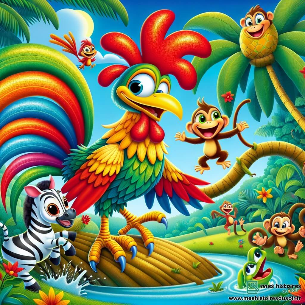 Coco, le coq malicieux, se tient au sommet d'un grand arbre, ses plumes rouges et dorées brillent sous le soleil. Il sourit espièglement, les yeux pétillants. À ses côtés, Zaza la zébrelle, avec ses rayures scintillantes, saute joyeusement. Max le singe, aux poils bruns, se balance sur une liane en riant, tandis que Lili la grenouille bondit sur un nénuphar, éclaboussant de l'eau. La scène se déroule dans la jungle de Bambouville, entourée de grandes feuilles et de fleurs colorées. Au pied de l'arbre, une mangue dorée brille. Coco et ses amis sont prêts à relever le défi de la course d'obstacles, remplis d'excitation et de rires.