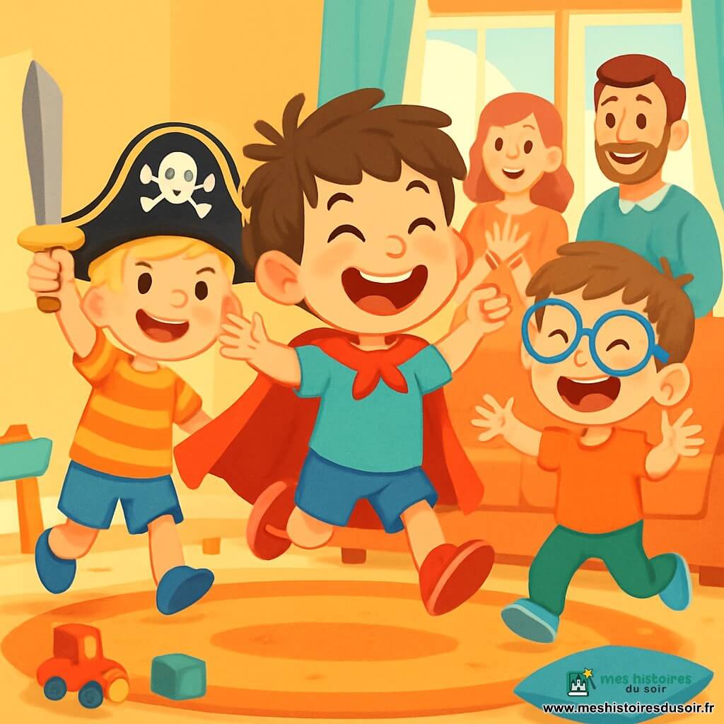 Trois personnages sont présents : Timothée, un garçon de 6 ans avec des cheveux bruns en bataille, une cape rouge et un grand sourire, qui saute joyeusement au centre ; Édouard, 7 ans, avec des cheveux blonds et un chapeau de pirate noir, brandissant une épée imaginaire à gauche de Timothée ; et Maxime, 5 ans, avec des cheveux châtains et de grandes lunettes glissant sur son nez, à droite de Timothée, faisant des grimaces. L'action se déroule dans un salon lumineux aux murs jaunes pastel, avec des jouets au sol et une grande fenêtre laissant entrer la lumière. Les enfants défilent joyeusement dans leur parade costumée, riant sous le regard émerveillé de leurs parents.