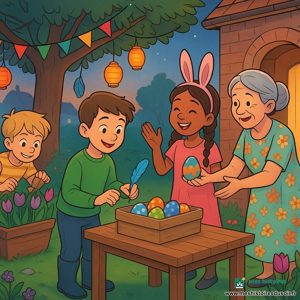 Dans un jardin de village au crépuscule, Tom, Émilie et Lucas, enfants d'environ 10 ans, partagent joyeusement des œufs de Pâques colorés autour d'une table rustique sous un grand chêne décoré de guirlandes et lanternes, pendant que Mme Dupont, une voisine âgée, reçoit un œuf avec émotion, créant une ambiance printanière et conviviale.