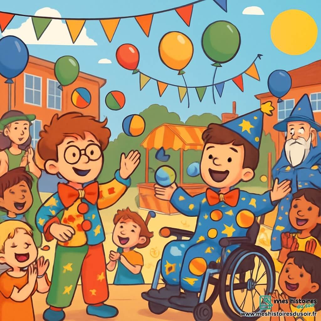 Il y a deux personnages principaux : Enzo, un garçon de 10 ans avec des cheveux en bataille et des lunettes de travers, portant un costume de clown coloré et jonglant avec des balles peintes, et Lucas, un garçon de 10 ans en fauteuil roulant, souriant et habillé en clown céleste avec des planètes en papier mâché et des guirlandes lumineuses. L'action se déroule dans la cour de l'école des Marronniers, décorée de banderoles, de ballons et de stands de jeux, où des enfants rient et dansent. Enzo et Lucas sont sur scène, joyeux, jonglant et dansant ensemble devant une foule émerveillée, créant une atmosphère festive.