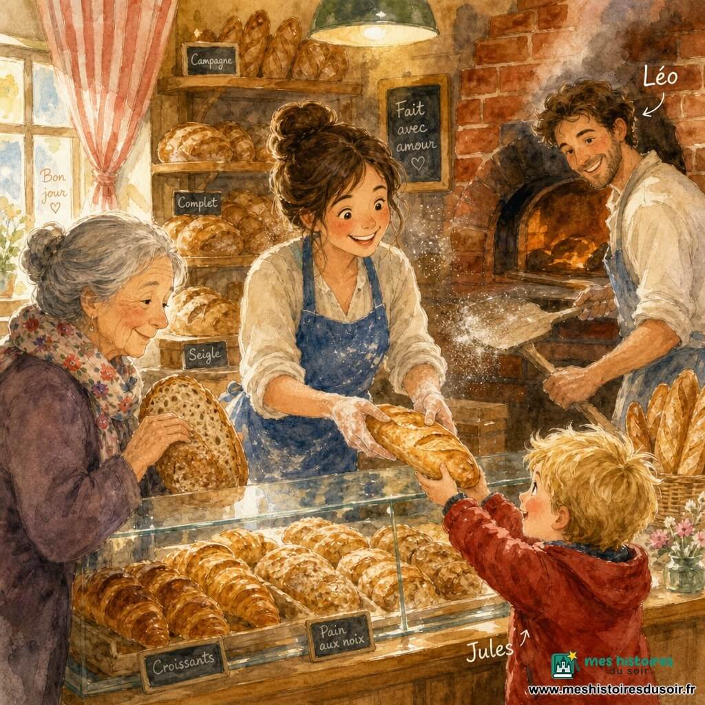 Une boulangerie chaleureuse aux tons chauds: une boulangère brune en chignon, tablier bleu poudré de farine, souriante et concentrée, tend une baguette tiède à Jules, un garçon de six ans aux cheveux blonds en bataille et manteau rouge, émerveillé; derrière, Léo, collègue de trente ans aux manches retroussées, tient une pelle à pains près du four en brique; une cliente âgée aux cheveux gris et écharpe à fleurs touche la mie d'un pain complet sur le comptoir; vitrine en verre, étagères en bois garnies de pains dorés, croissants et farine en suspension, ambiance tendre et animée.