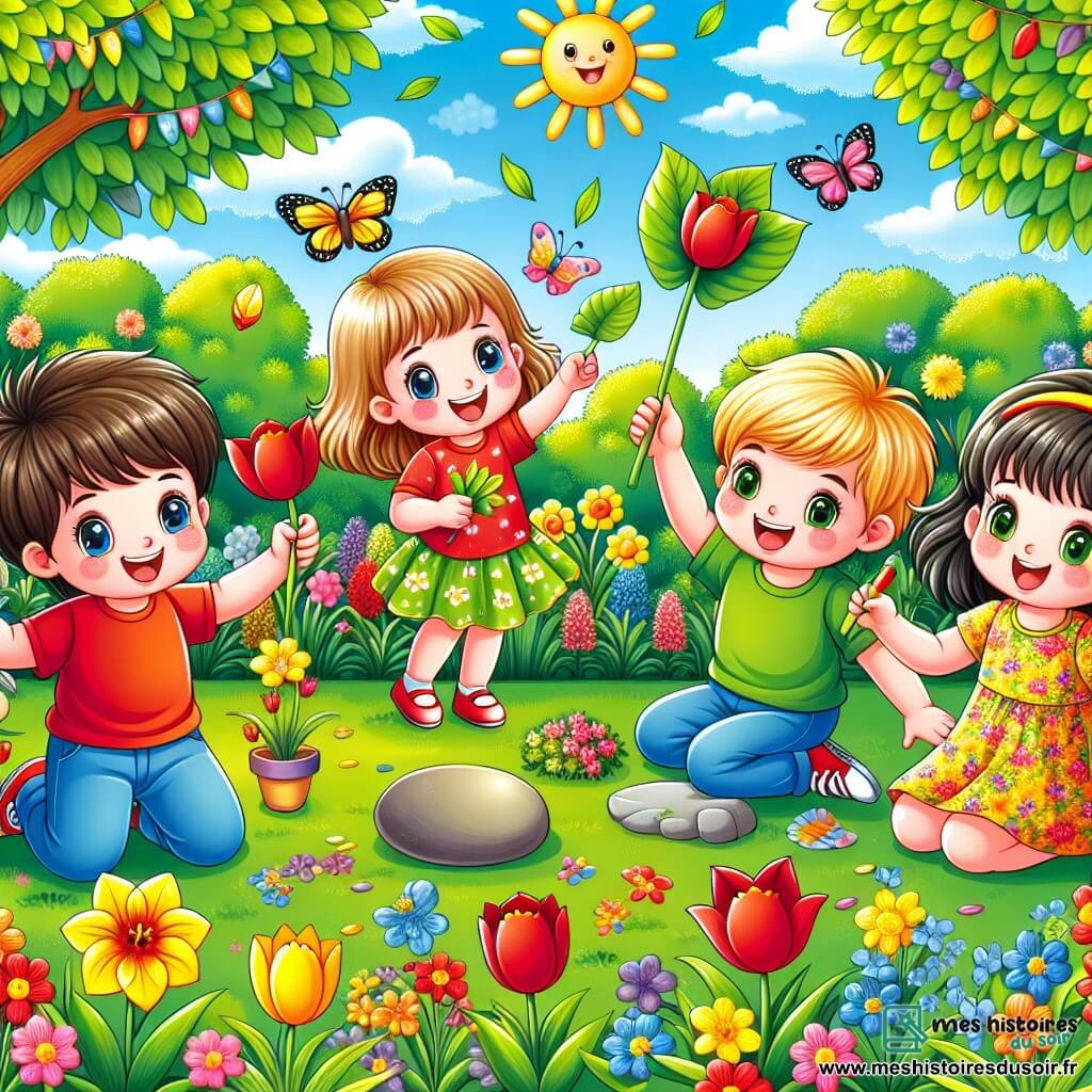 Dans un jardin ensoleillé, quatre enfants s'amusent. Lucas, 7 ans, avec des cheveux bruns et des lunettes rondes, tient une grande feuille verte. À côté, Tom, 6 ans, aux cheveux blonds, montre une pierre brillante. Max, 7 ans, avec des cheveux noirs et un t-shirt rouge, brandit un bâton, riant. Emma, 6 ans, avec des cheveux châtains et une robe jaune à fleurs, dessine des fleurs sur le sol. Le jardin est rempli de fleurs colorées et d'arbres en fleurs, sous un ciel bleu parsemé de nuages. Les enfants cherchent des trésors, riant et partageant leurs trouvailles, créant une scène pleine de vie et de magie printanière.