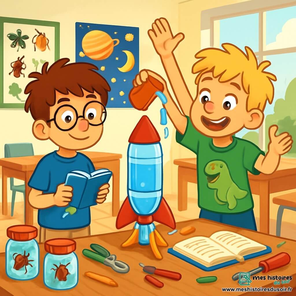 Léo, un garçon de 8 ans aux cheveux bruns en désordre et lunettes rondes, porte un t-shirt bleu avec une fusée et un short beige. Il tient un carnet et sourit curieusement. À ses côtés, Max, également âgé de 8 ans, a des cheveux blonds en bataille et un grand sourire, vêtu d'un t-shirt vert avec un dinosaure et un pantalon court. Ils se trouvent dans une salle de classe lumineuse, ornée de posters sur les sciences, avec des tables en bois chargées de matériel scientifique. Léo et Max travaillent ensemble à construire une fusée à eau, concentrés et joyeux, entourés de camarades curieux. Léo prend des notes pendant que Max ajoute de l'eau dans la fusée, créant une atmosphère excitante.