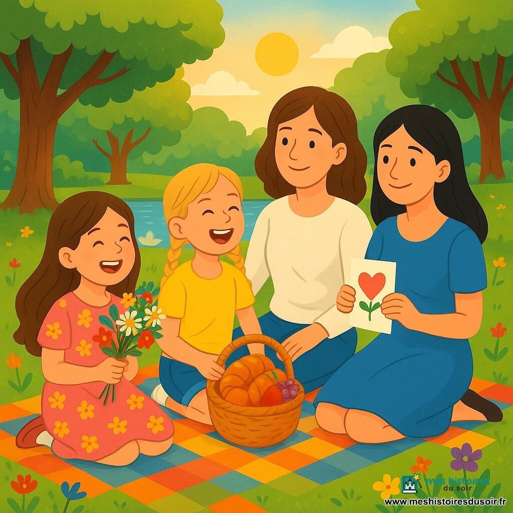 Quatre personnages se trouvent dans un parc verdoyant : Soline, une fille de 8 ans avec de longs cheveux bruns et une robe rose à fleurs, sourit en tenant un bouquet de fleurs sauvages ; Léa, également âgée de 8 ans, a des cheveux blonds en tresses et porte un t-shirt jaune et un short en jean, riant avec un panier de croissants et de fruits. Les mamans des filles, d'environ 35 ans, sont présentes : celle de Soline, avec des cheveux châtains en blouse blanche et jean, regarde sa fille avec tendresse, tandis que celle de Léa, en robe bleue, sourit en tenant une carte faite main. La scène se déroule sous la lumière dorée du soleil, avec des arbres majestueux, une pelouse verdoyante, et un lac scintillant à proximité. Les deux amies préparent un pique-nique surprise pour la fête des mères, riant ensemble avec leurs bras chargés de délices, tandis que des bateaux en papier flottent sur le lac.