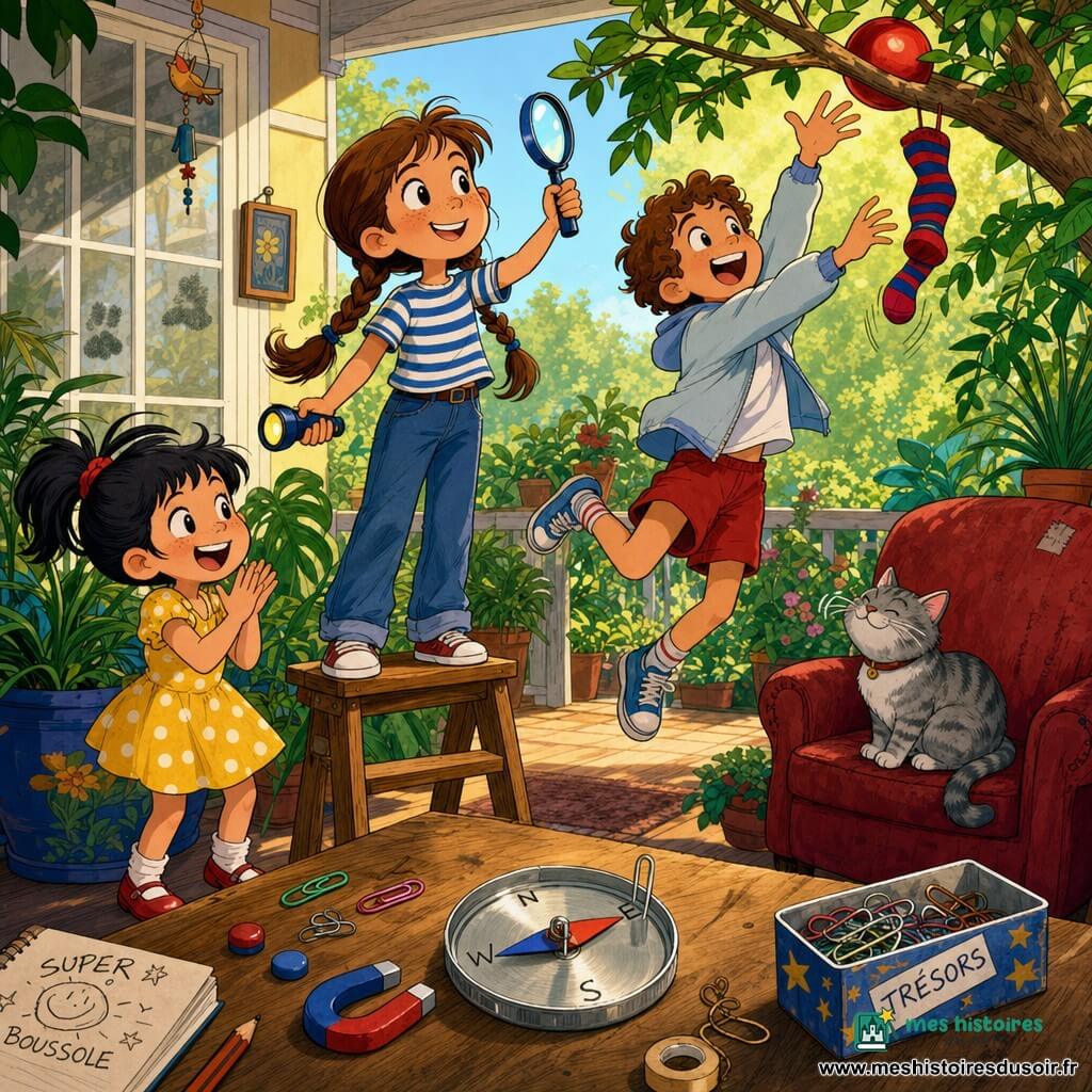Lina, 10 ans, fière et concentrée, sourit, cheveux châtain en deux tresses, t-shirt rayé bleu et blanc, jean, tient une loupe et une lampe de poche sur un petit marchepied; Oscar, ~8 ans, excité, cheveux bouclés, short rouge et veste légère, saute pour attraper un ballon rouge coincé dans une branche tandis qu’une chaussette rayée rouge et bleue tombe; Maya, ~6 ans, malicieuse en robe jaune à pois et queue de cheval, applaudit près d’un grand pot de fleur; un chat gris tigré ronronne sur le vieux fauteuil rouge de la véranda-jardin lumineuse au sol en bois, table de bricolage et plantes aux grandes feuilles, fenêtre avec traces de nez et rayon de soleil — scène d’action joyeuse, couleurs vives et style dessin animé années 90.