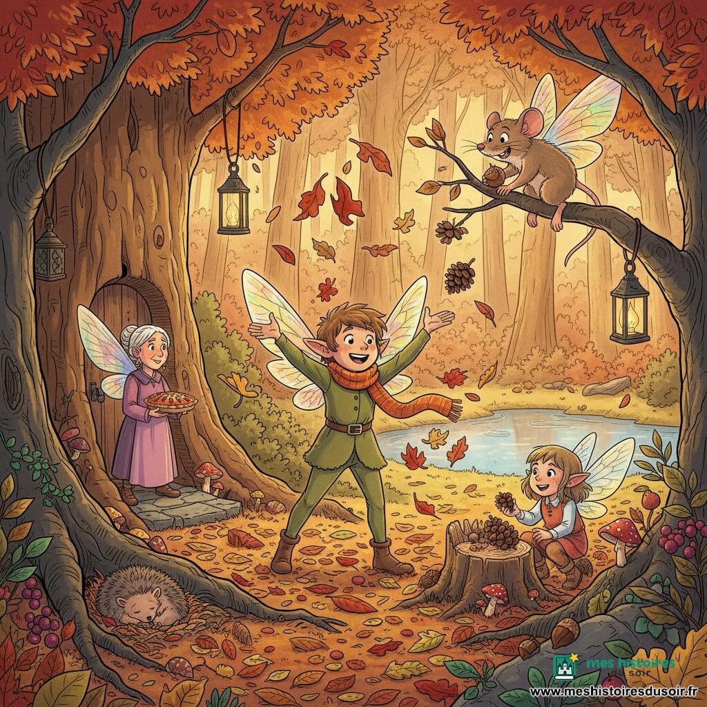 Lysandre, jeune lutin joyeux à la fourrure mousse et aux ailes irisées, lance des feuilles rouges et dorées au centre d'une clairière d'automne baignée de lumière dorée; sa sœur Azalée, espiègle, joue avec des pommes de pin près d'une souche, Baptiste le mulot, vif, grimpe sur une branche en montrant une noisette-cachette, la grand-mère fée tient une tarte aux baies devant la porte d'une maison creusée dans un vieux chêne, un hérisson dort sous une racine; tous ramassent trésors et décorent la clairière — tapis de feuilles rouges, orange et jaunes, lanternes, champignons et petit étang miroitant, ambiance conviviale, chaleureuse et magique, traits nets et couleurs chaudes.