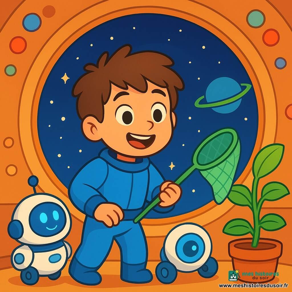 Un jeune homme nommé Malo, avec des cheveux bruns en bataille et un sourire joyeux, se trouve à l'intérieur de son vaisseau spatial rond, Boule de Nuit. Il porte une combinaison spatiale bleue et ses yeux brillent d'excitation en regardant par la fenêtre. À ses côtés, un robot ami nommé Pico, rond avec un œil bleu clignotant, roule joyeusement sur le sol, prêt à aider. Une plante verte nommée Lulu, avec des feuilles brillantes, se penche vers Malo, comme si elle voulait lui parler. Le vaisseau est illuminé par des lumières douces et ses murs sont ornés de boutons colorés. À l'extérieur, l'espace est vaste, parsemé d'étoiles et d'une planète bleue entourée d'un anneau vert. Malo prépare son filet pour ramasser des objets perdus dans l'Anneau Vert, concentré et heureux, tandis que Pico l'encourage et Lulu semble impatiente de commencer l'aventure.