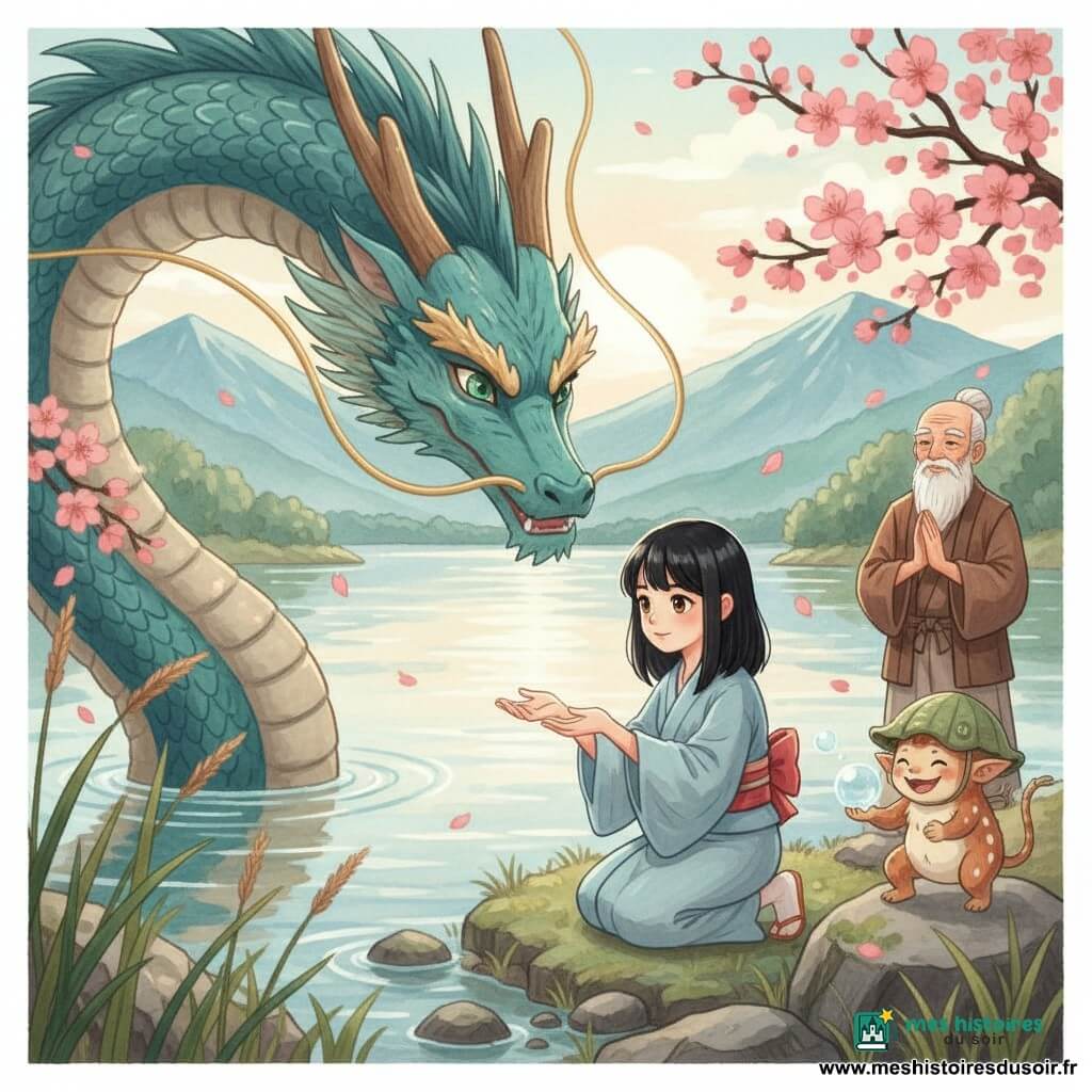 Jeune fille d’environ 12 ans aux cheveux noirs lisses jusqu’aux épaules, peau claire et yeux noisette, visage doux et déterminé, agenouillée au bord d’un lac de montagne japonais au matin en kimono bleu pâle et ceinture rouge, mains tendues vers l’eau tandis qu’un grand dragon du lac aux écailles turquoise rehaussées de perles dorées émerge derrière elle, la tête inclinée comme en conversation; à droite sur un rocher, un petit yokai kappa au pelage roux et taches blanches, coiffé d’un chapeau d’algue, tient une bulle d’eau en jouant; en retrait sur la rive, le vieux maître Takeshi, homme d’environ 70 ans à longue barbe blanche et vêtements traditionnels bruns, observe la scène les mains jointes; décor: eau limpide reflétant un ciel pâle, sakuras en fleurs, pierres moussues et roseaux, montagnes bleutées, ambiance paisible et magique aux couleurs douces (roses, turquoises, verts) avec touches dorées et texture de gouache, contours légèrement flous et formes simples adaptées aux enfants.