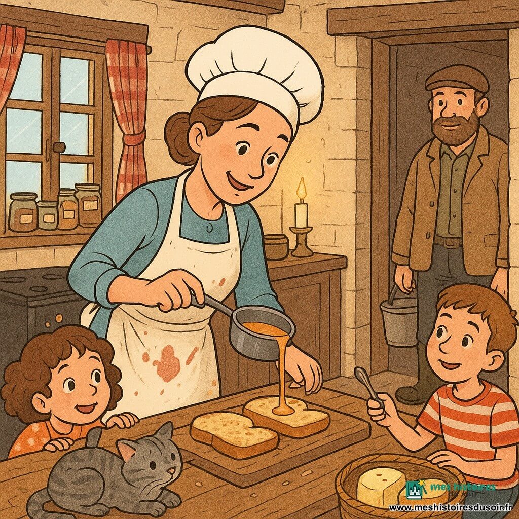 Une cheffe souriante et concentrée, Ana, cheveux châtain en chignon, toque blanche et tablier crème taché, verse une réduction laiteuse dorée depuis une petite casserole sur des tranches de pain chaud posées sur une planche en bois; un chat gris rayé nommé Matou est roulé sur le rebord de la table et observe la sauce; Jules, fermier d'environ 50 ans, barbu, veste en toile et bottes crottées, tient un petit seau de lait dans l'embrasure de la porte et sourit; une fillette d'environ 7 ans, cheveux bouclés en robe à pois, est debout sur un escabeau, fascinée, et un garçon d'environ 9 ans en t-shirt rayé, accroupi près d'un panier de fromages avec une petite cuillère, attend pour goûter; la cuisine est chaleureuse et rustique — murs en pierre claire, grandes fenêtres à rideaux à carreaux rouges, étagères garnies de bocaux, une cuisinière en fonte, plan de travail en bois patiné, quelques flammes sous la casserole et des bougies —, la scène capture les gouttes dorées de la réduction qui tombent sur le pain, des miettes, des expressions émerveillées, des odeurs imaginées de vanille et de thym; style graphique clair, couleurs chaudes et contrastées, traits nets, textures bois/tissu/métal, composition centrée sur Ana en cadrage moyen.