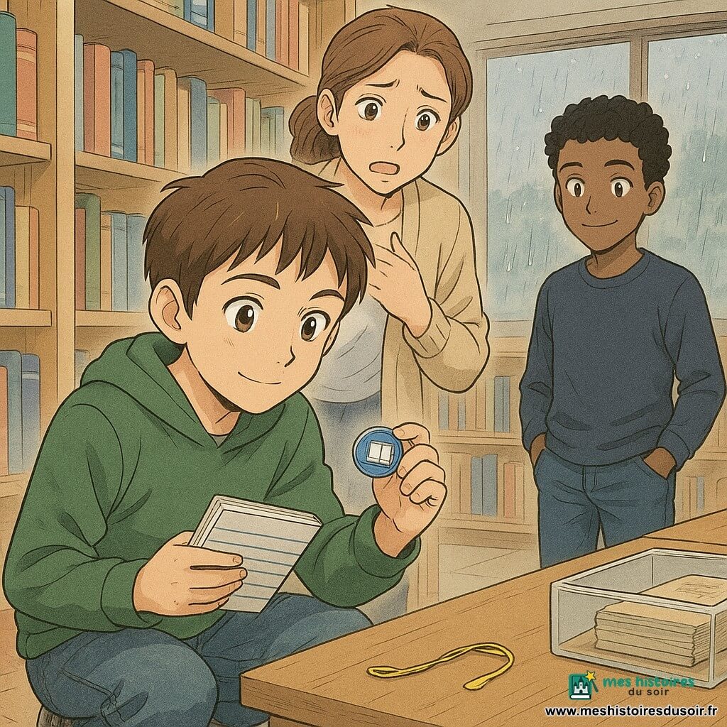 Garçon de 12 ans concentré et curieux, cheveux bruns courts et yeux noisette, accroupi, tenant un petit carnet rayé dans une main et un badge rond bleu dans l'autre, léger sourire, sweat vert et jean usé; derrière lui Inès, bibliothécaire d’environ 35 ans, châtain en queue de cheval, inquiète puis soulagée, main sur la poitrine en regardant le badge retrouvé; à droite Malik, ami confiant et amusé, cheveux noirs bouclés, mains dans les poches, observant avec un petit sourire. La scène se déroule dans un CDI lumineux aux étagères en bois clair, table en chêne, boîte transparente de cartes de prêt et grande fenêtre pluvieuse; le badge bleu, petit disque brillant avec dessin de livre, est montré récupéré derrière un livre légèrement tiré, cordon jaune cassé à côté. Ambiance claire et chaleureuse, style manga aux couleurs pastel, ombres douces et composition centrée sur le garçon et le badge avec profondeur d’allées d’étagères.