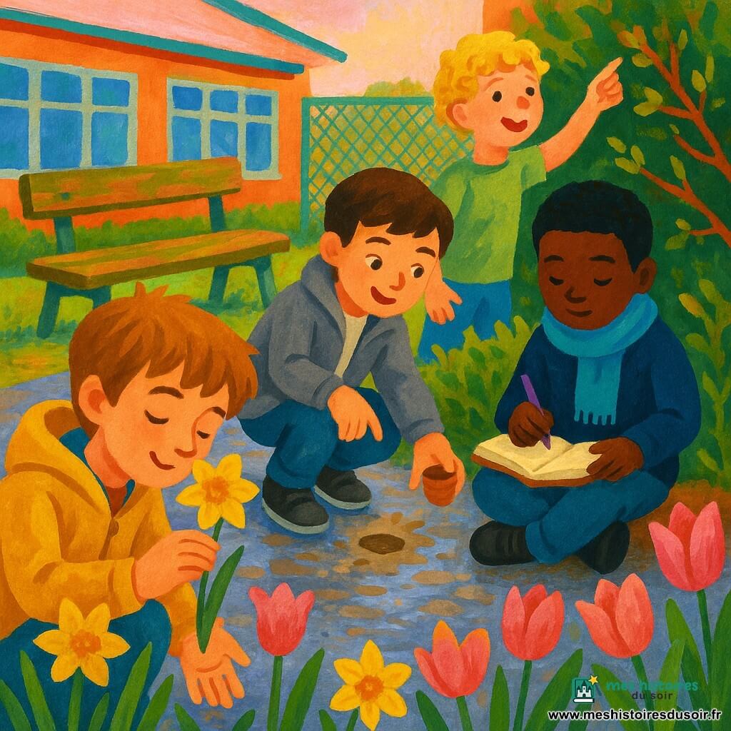 Quatre garçons explorent la nature dans une cour d'école au printemps : Léo (9 ans, cheveux châtain clair en bataille, yeux noisette, veste jaune) accroupi au premier plan à gauche sent une jonquille, Amir (9 ans, cheveux noirs courts, écharpe bleu clair) assis centre-droite note une observation dans son carnet, Jules (8 ans, cheveux blonds bouclés, t-shirt vert pâle) debout à l'arrière droite montre un bourgeon en souriant, et Noé (9 ans, cheveux bruns, petite veste grise) accroupi centre-gauche présente une empreinte dans la boue et tient un petit pot vide; la cour pavée, humide de rosée, avec bancs en bois moussus, parterres de jonquilles jaunes et tulipes roses, grille verte et ciel rosé baigne la scène d'une lumière matinale dorée; peinture acrylique aux coups de pinceau épais, textures visibles et reflets brillants sur les gouttes.