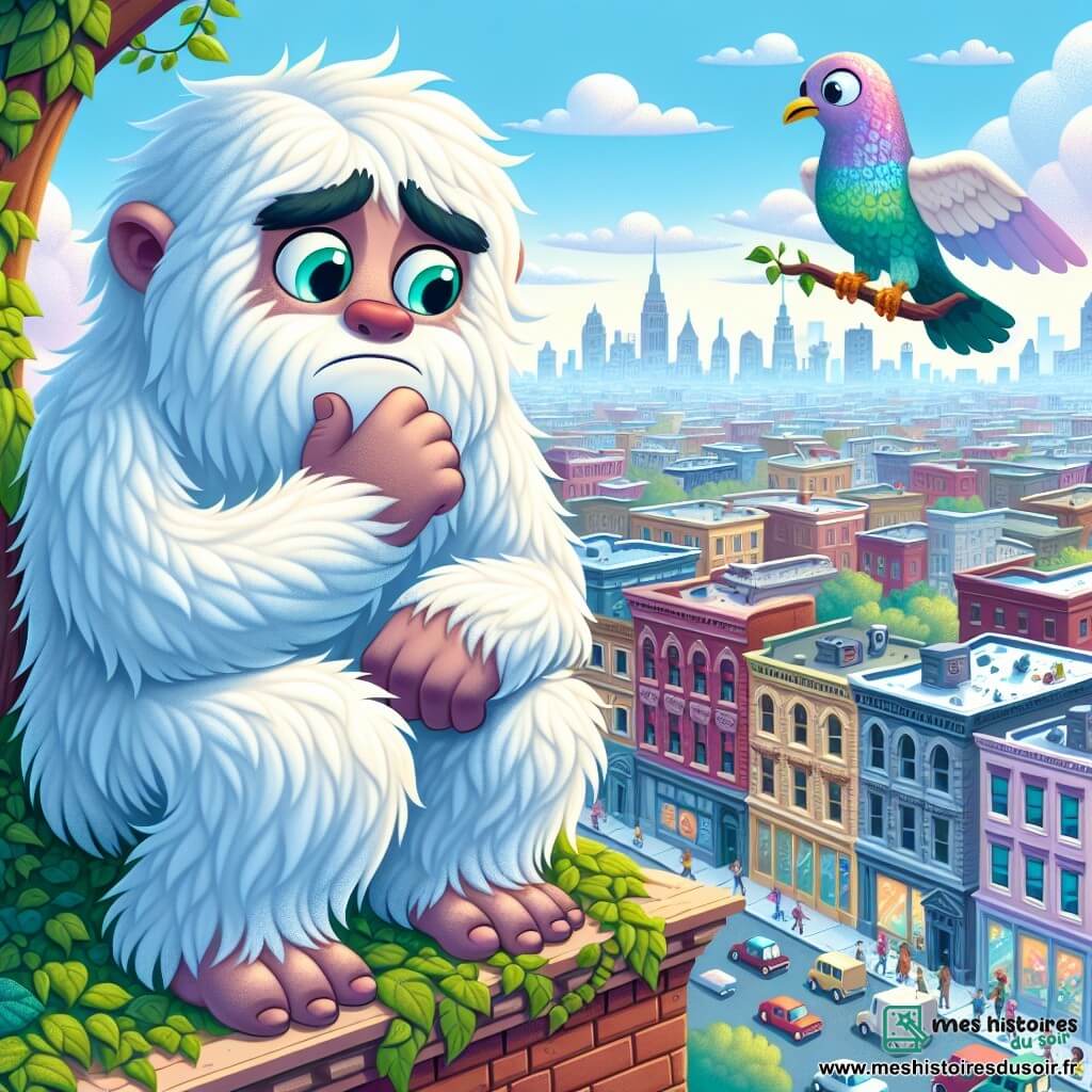 Un yéti au pelage blanc et doux, aux grands yeux tristes et brillants, se tient sur le toit d'un immeuble recouvert de lierre, regardant la ville en contrebas avec un air pensif. Il a de grandes pattes velues et un visage expressif, marqué par l'inquiétude et la curiosité. À ses côtés, un pigeon aux plumes irisées vole en cercle autour de lui, prêt à l'aider dans son aventure. Le lieu est un toit surplombant une ville animée, avec des bâtiments gris, des voitures colorées et des passants pressés, tandis que le ciel est parsemé de nuages légers. Le yéti contemple la ville, déterminé à retrouver sa forme humaine, tandis que le pigeon l'encourage à se lancer dans une quête magique.