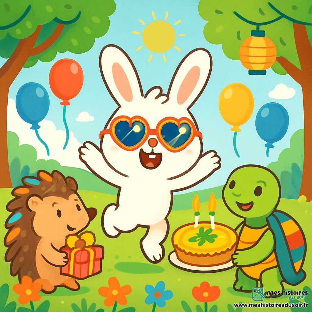 Au centre de l'image, Léo, un petit lapin blanc aux grands yeux et aux oreilles pelucheuses, bondit de joie avec un sourire éclatant et porte des lunettes de soleil en forme de cœur. À sa droite, Dame Tortue, souriante, tient une tarte au trèfle dorée, et à sa gauche, Monsieur Hérisson, joyeux, regarde Léo en tenant un paquet cadeau. Le décor est une clairière enchantée entourée d'arbres verdoyants et de fleurs multicolores, illuminée par des lanternes en papier. Léo s'apprête à souffler les bougies de sa tarte d'anniversaire, avec des ballons colorés flottant autour de lui.