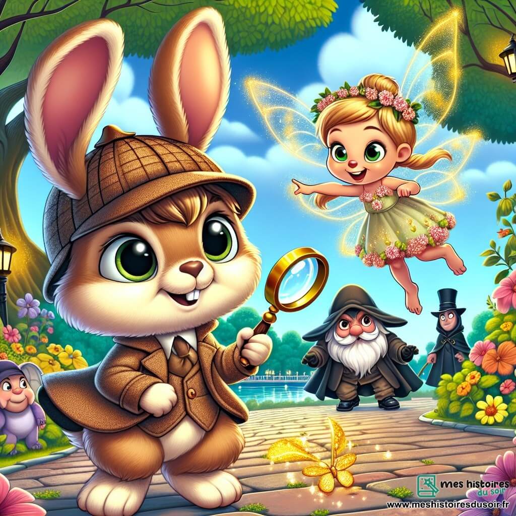 Un lapin nommé Léon, avec une fourrure caramel et de grandes oreilles, se tient courageusement au centre de la scène, portant un chapeau de détective et tenant une loupe, affichant une expression déterminée. À ses côtés, une petite fée aux ailes scintillantes, vêtue de pétales de fleurs, vole joyeusement en lançant des paillettes dorées. En arrière-plan, un homme mystérieux en manteau noir observe la scène avec un sourire malicieux. La scène se déroule dans un parc urbain animé, entouré d'arbres majestueux et de fleurs colorées, où des créatures magiques se rassemblent. Léon propose à l'homme de devenir ami avec ces créatures au lieu de les voler, tandis que les fées dansent autour d'eux.
