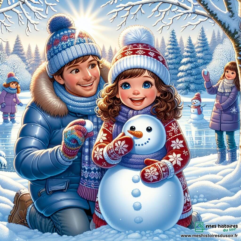 Au centre de l'image, une petite fille de 9 ans, Léa, avec des cheveux châtains bouclés et des yeux pétillants, construit un bonhomme de neige. Elle porte un pull rouge avec des flocons, un bonnet en laine et des gants colorés, exprimant excitation et sourire éclatant. À côté d'elle, son père, un homme d'une trentaine d'années avec une barbe brune et des lunettes, l'aide à former une grosse boule de neige, vêtu d'une doudoune bleue. En arrière-plan, sa mère, habillée d'un manteau violet, tient une tasse de chocolat chaud, observant tendrement la scène. Le parc hivernal est recouvert de neige sous le soleil, avec des arbres chargés de neige et un lac gelé au loin. La situation montre Léa et son père riant et jouant ensemble, tandis que sa mère les regarde avec un sourire chaleureux, créant une ambiance de bonheur familial.