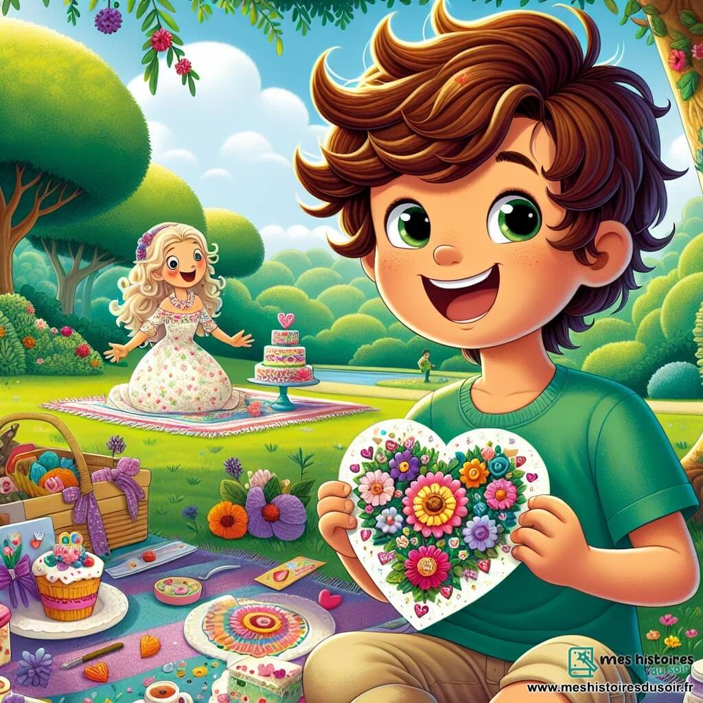 Lucas, un garçon de 8 ans aux cheveux châtains en bataille et aux yeux pétillants, est assis sur une grande couverture colorée dans un parc verdoyant. Il sourit en tenant une carte en forme de cœur, décorée de fleurs et de paillettes, qu'il s'apprête à offrir à sa maman, Clara, une femme d'une trentaine d'années avec des cheveux longs et bouclés, vêtue d'une robe légère à fleurs. À côté, Tom, le meilleur ami de Lucas, prépare des gâteaux sur une petite table. Le parc est lumineux, avec de grands arbres, des fleurs colorées et un ciel bleu. Lucas, plein d'excitation, est prêt à célébrer la fête des mères entouré de rires et d'une ambiance joyeuse.