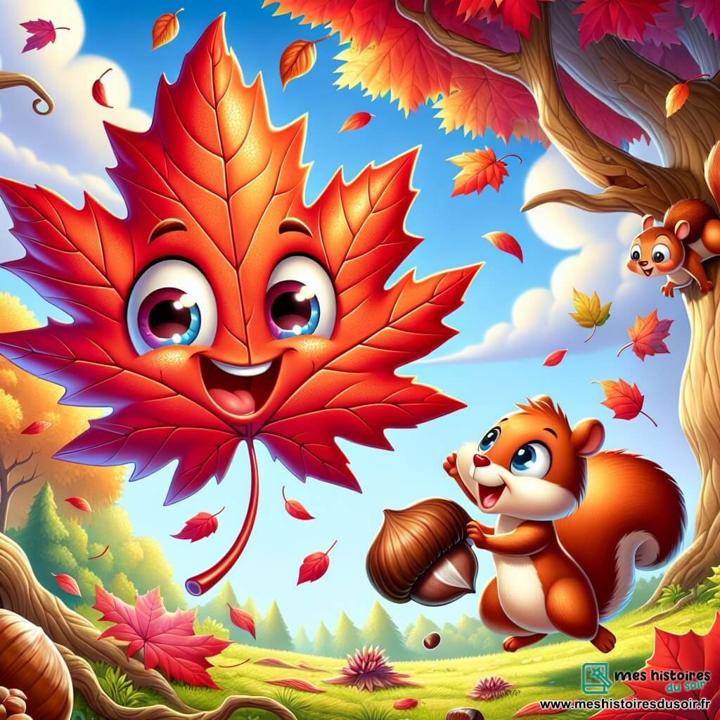 Feuille Fripouille, une petite feuille d'érable rouge et orange, danse dans l'air frais de l'automne avec un sourire éclatant. À côté, un écureuil malicieux grimpe sur une branche, tenant une noisette et regardant la feuille avec enthousiasme. Le jardin est rempli d'arbres colorés, de fleurs fanées et de marrons sur le sol, sous un ciel bleu parsemé de nuages blancs. Feuille Fripouille s'élance dans les airs, prête à explorer le jardin, encouragée par l'écureuil.