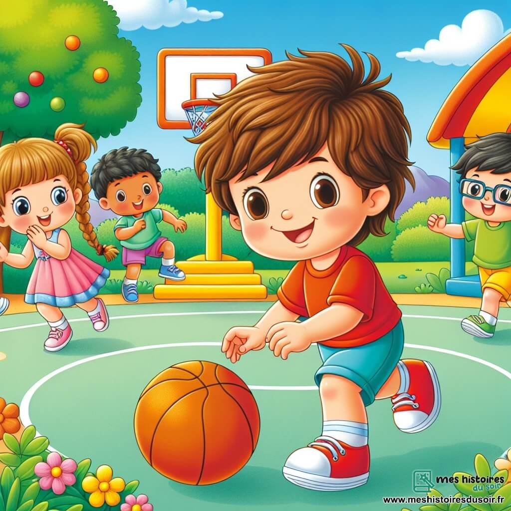 Léo, un petit garçon de 2 ans aux cheveux bruns en bataille et au grand sourire, dribble un ballon de basketball sur un terrain de jeu coloré. Il porte un t-shirt rouge et des shorts bleus, ses yeux brillent d'excitation. À ses côtés, Mia, une fille de 3 ans avec des cheveux blonds tressés et une robe rose, applaudit de joie. Tom, un garçon de 4 ans avec des lunettes et un t-shirt vert, se prépare à recevoir le ballon, tandis que Sam, un garçon de 3 ans avec des cheveux noirs et un short jaune, court en arrière-plan. Le terrain est entouré d'arbres et de fleurs, avec un ciel bleu et des nuages blancs. Au fond, un panier de basketball en bois attend le prochain tir. Léo passe le ballon à Max, un garçon de 5 ans qui sourit et se prépare à tirer. L'atmosphère est joyeuse et pleine d'énergie, illustrant l'esprit d'équipe et le plaisir du jeu.